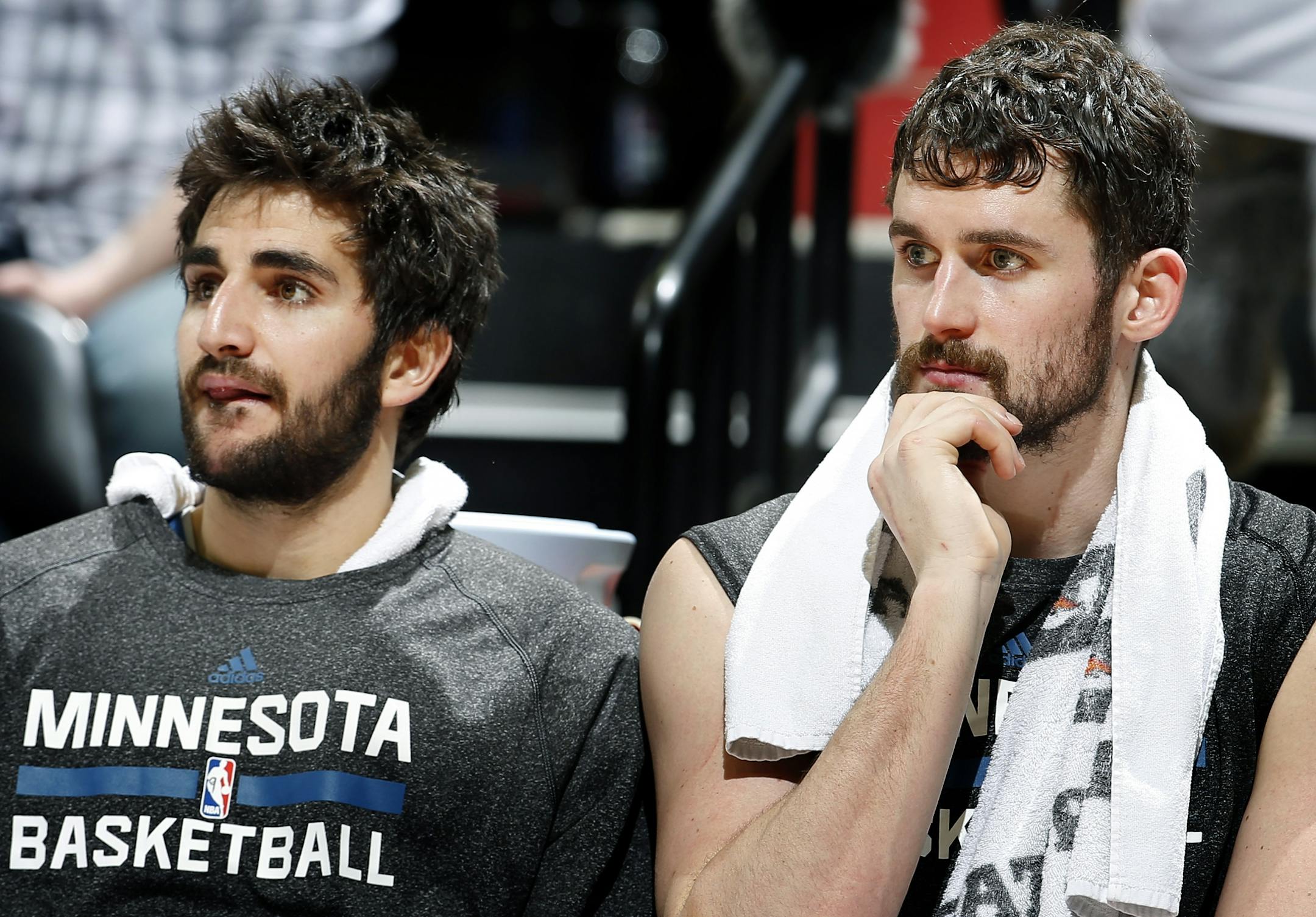 Minnesota Timberwolves Ricky Rubio (9) and Kevin Love (42).