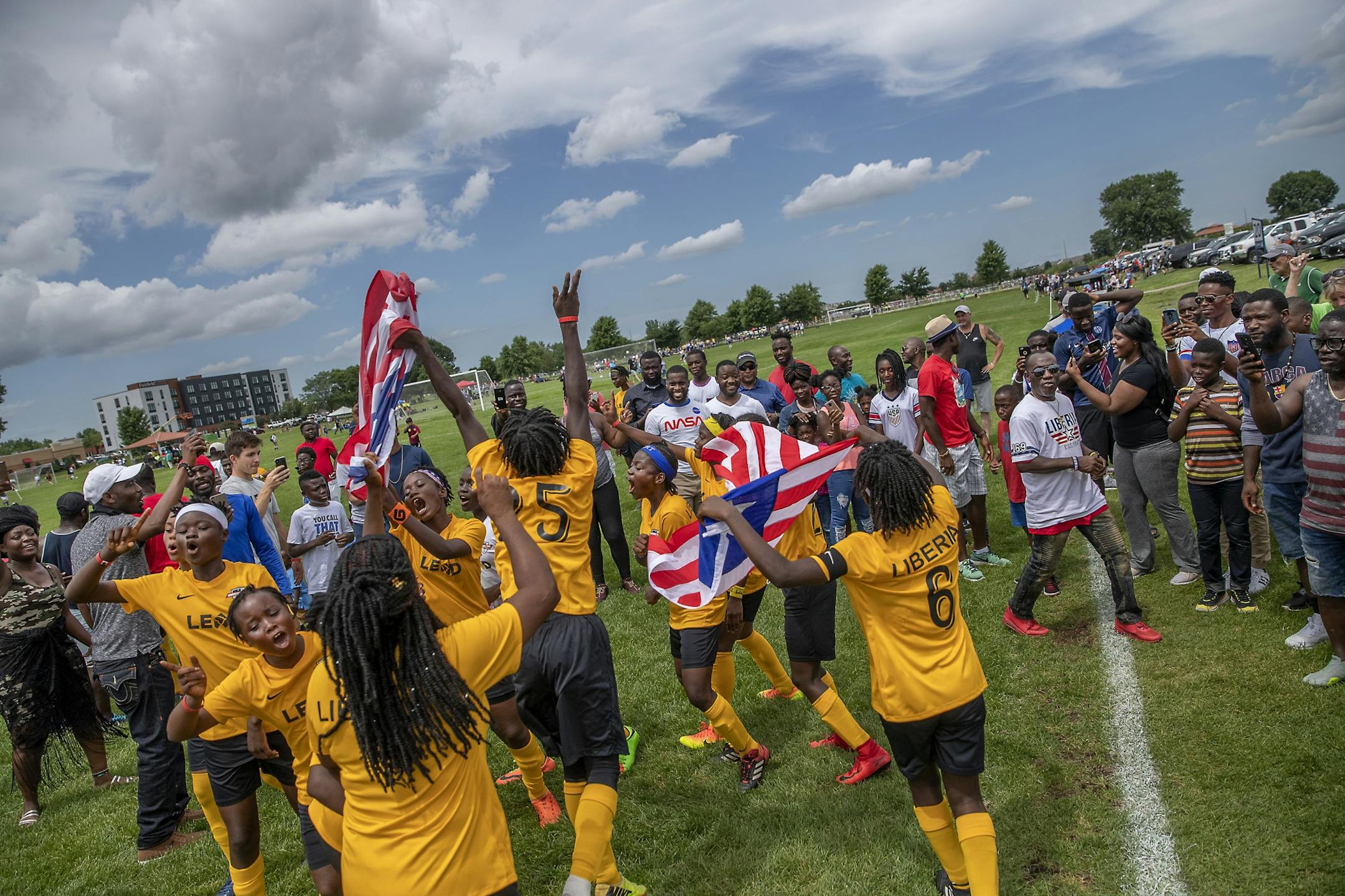Before many spectators from the local Liberian community, the Monrovia Football Academy celebrated their 9-1 win over the Eclipse Select MN Regional team during the USA Cup tournament, Tuesday, July 16, 2019 at the National Sports Center in Blaine, MN.