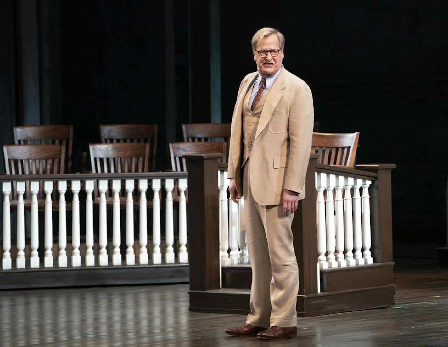 FILE -- Jeff Daniels as Atticus Finch in "To Kill a Mickingbird" at the Shubert Theater in New York on Dec. 6, 2018. Across America, small theaters are canceling productions of Harper Lee's "To Kill a Mockingbird," citing a threat of litigation from a powerful Broadway producer related to a contract that dates back half a century.