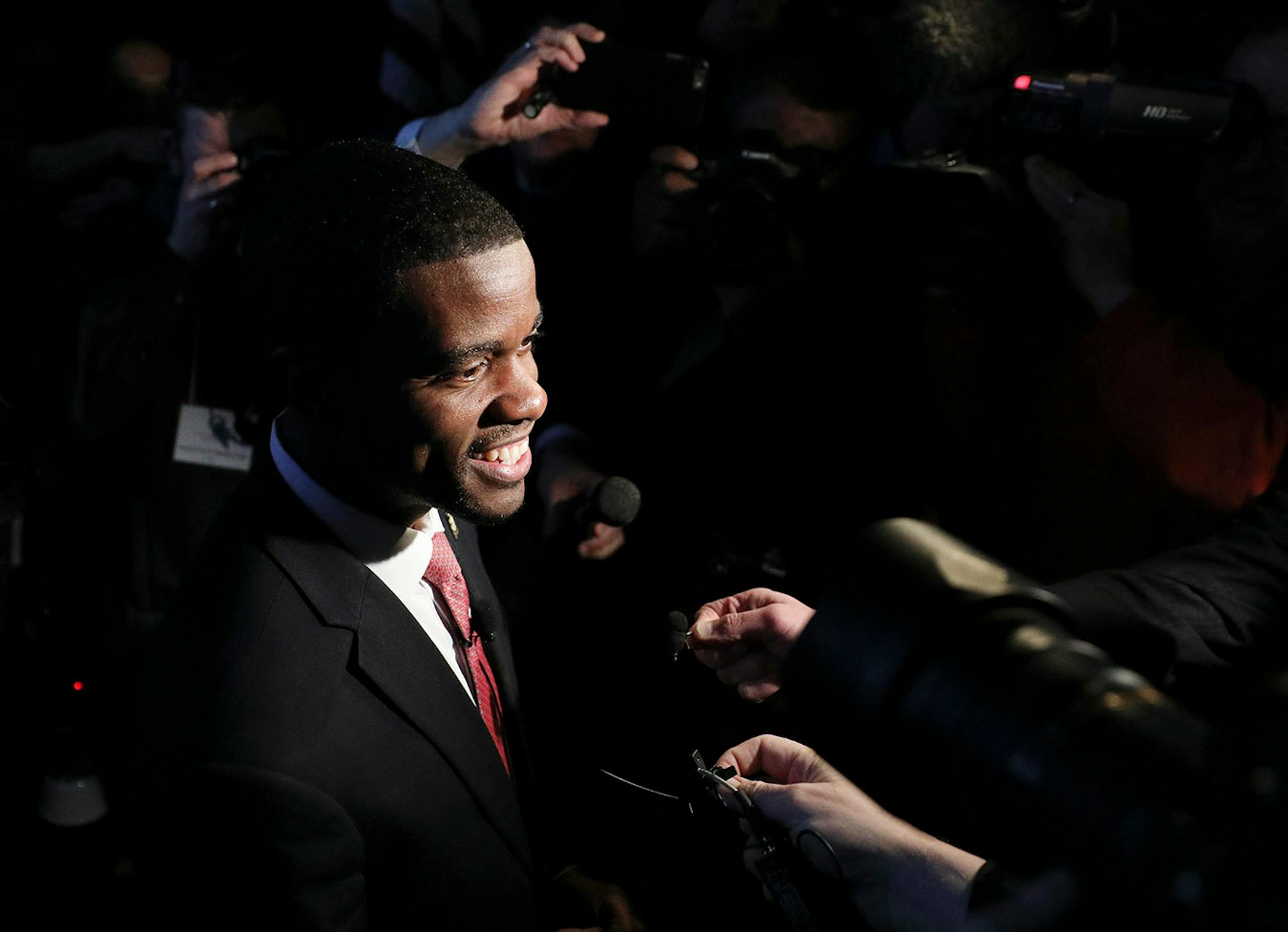 Melvin Carter gave an on-camera interview after taking the oath of office during his swearing in ceremony as St. Paul mayor.