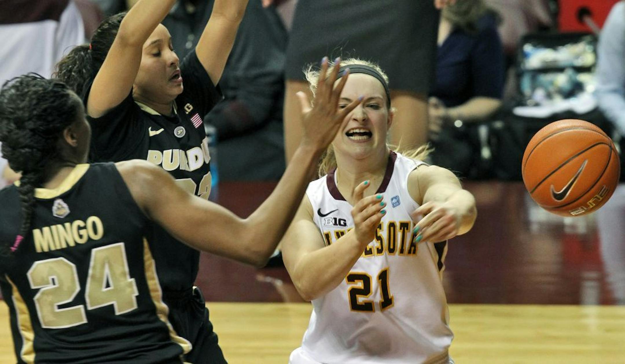 Gophers women basketball vs. Purdue. Purdue won 75-63. Purdue defended against a pass by Minnesota's Joslyn Massey (21) in second half action. (MARLIN LEVISON/STARTRIBUNE(mlevison@startribune.com