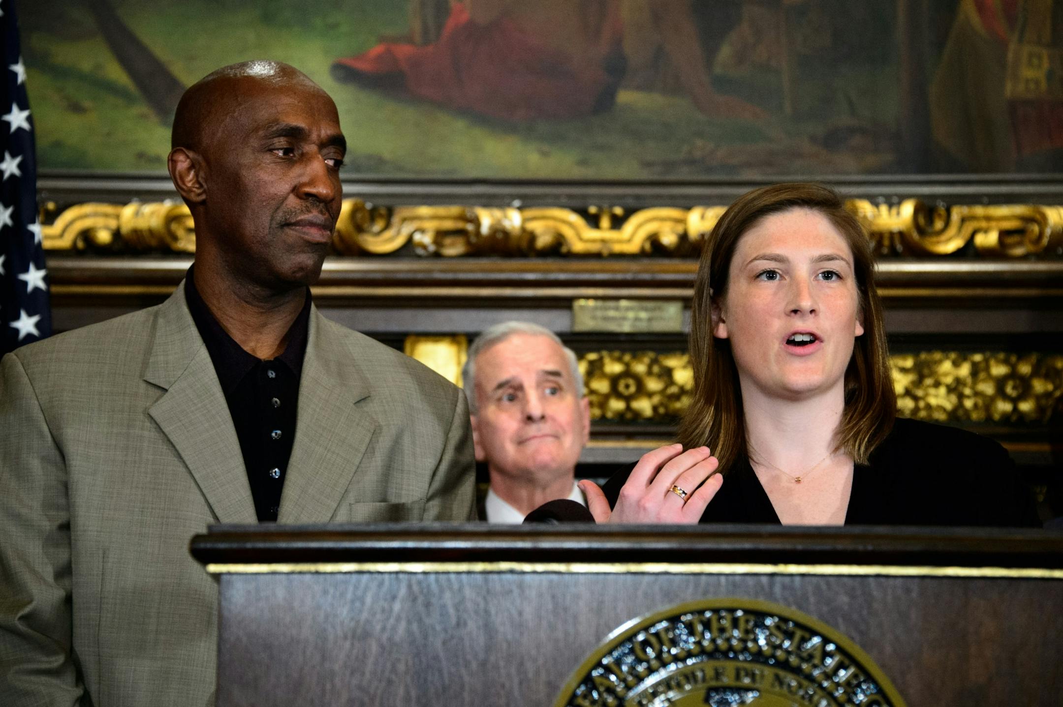 Former Minnesota Gophers standouts Lindsay Whalen, right, and Trent Tucker are honorary co-chairs in the bid to bring the final four to Minnesota. Pictured between them is Gov. Mark Dayton.