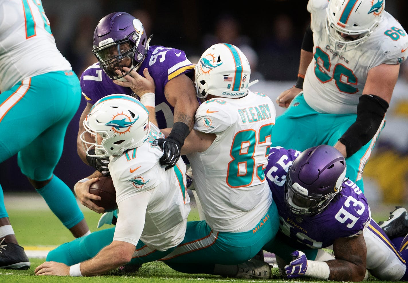 Vikings defensive end Everson Griffen sacked Dolphins quarterback Ryan Tannehill late in the fourth quarter, a common theme in Sunday's game.