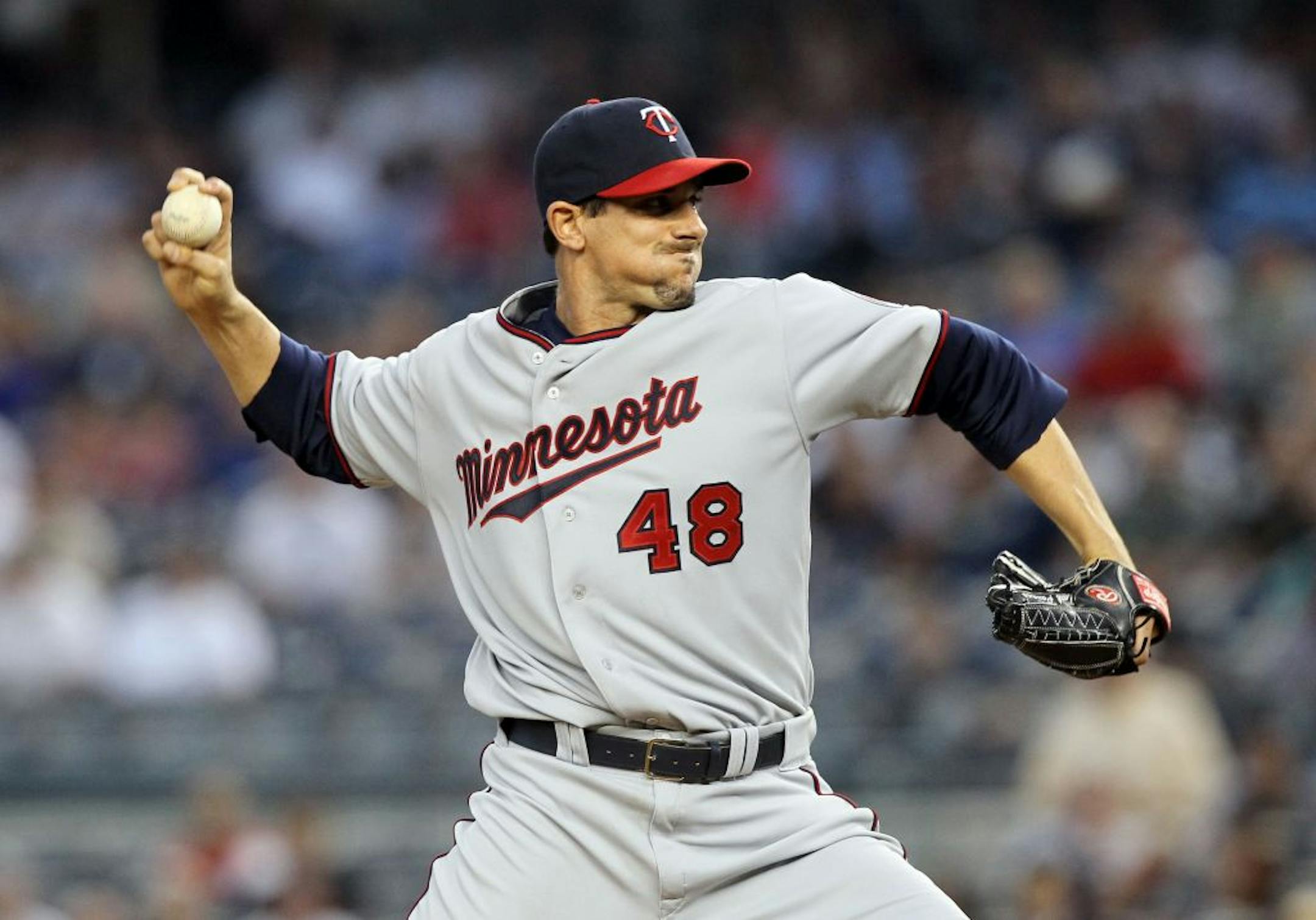 Carl Pavano of the Minnesota Twins pitches against the New York Yankees at Yankee Stadium on Monday, April 16, 2012 in New York.
