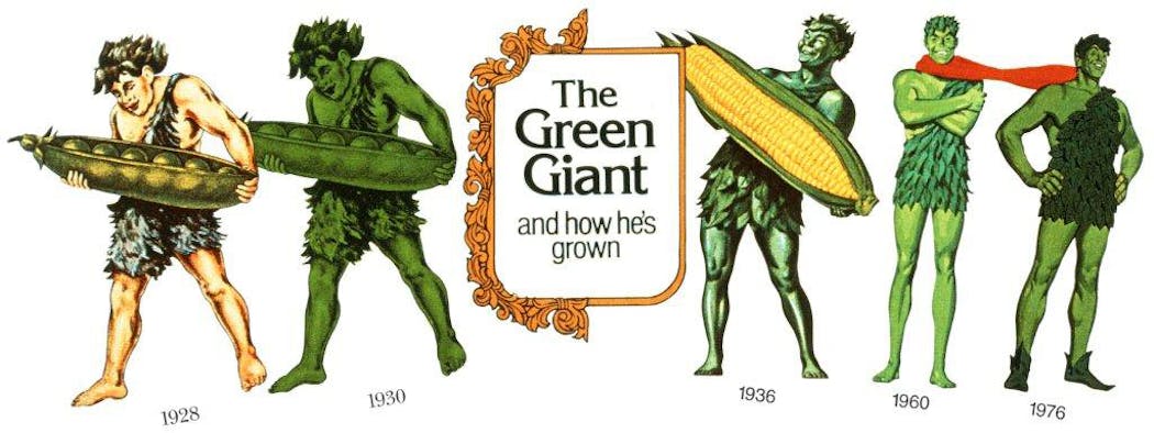 The Green Giant mascot's evolution over the 20th Century.