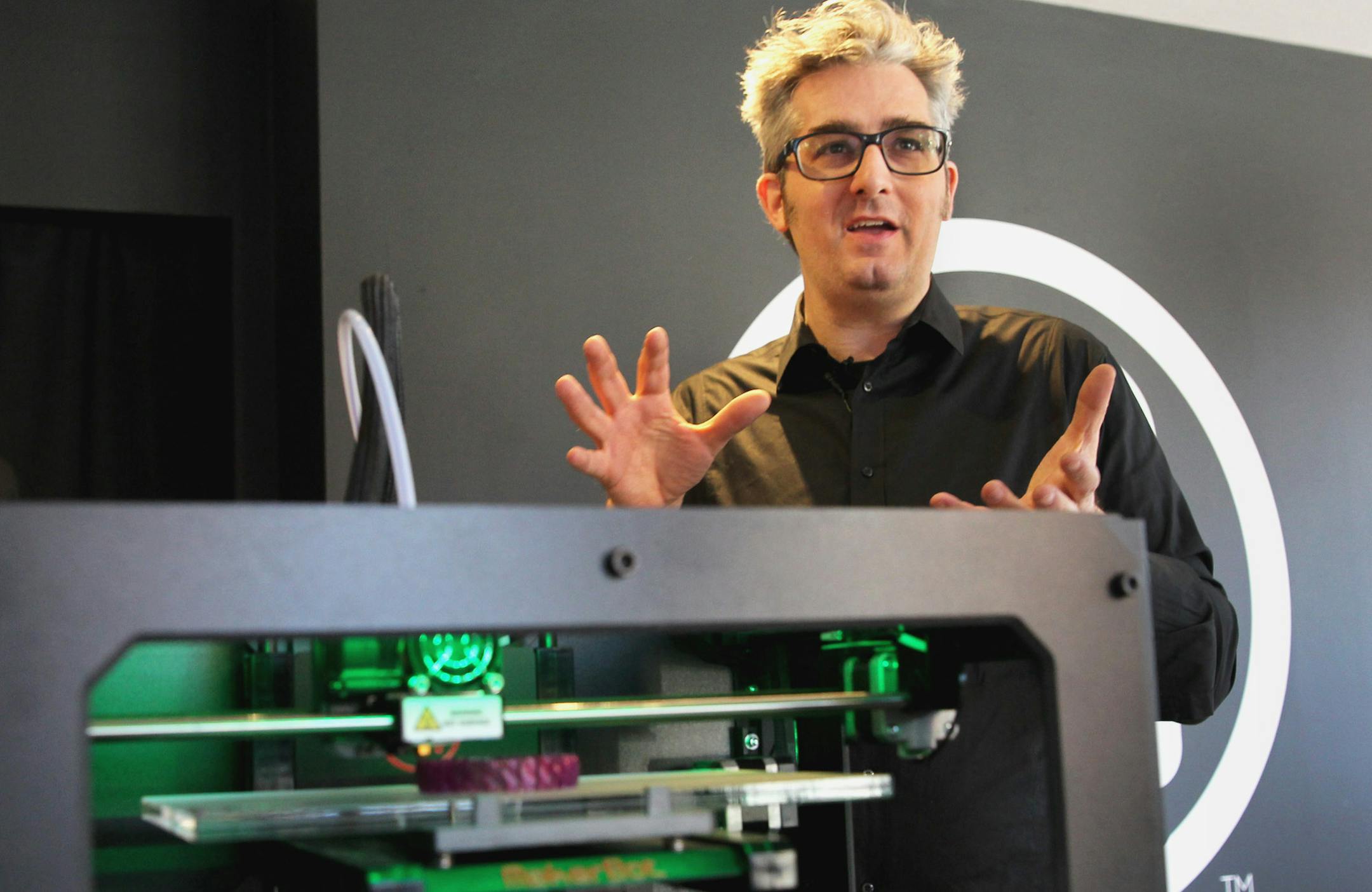 Boston, MA 112113 CEO Bre Pettis (cq) spoke during the opening of the new MakerBot 3D printer store in Boston, Thursday, November 21 2013. Mandatory credit: (Globe Staff/Wendy Maeda) section: ORG XMIT: 6.2.2612289676