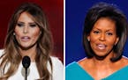 In this combination of photos, Melania Trump, left, wife of Republican Presidential Candidate Donald Trump, speaks during the opening day of the Repub