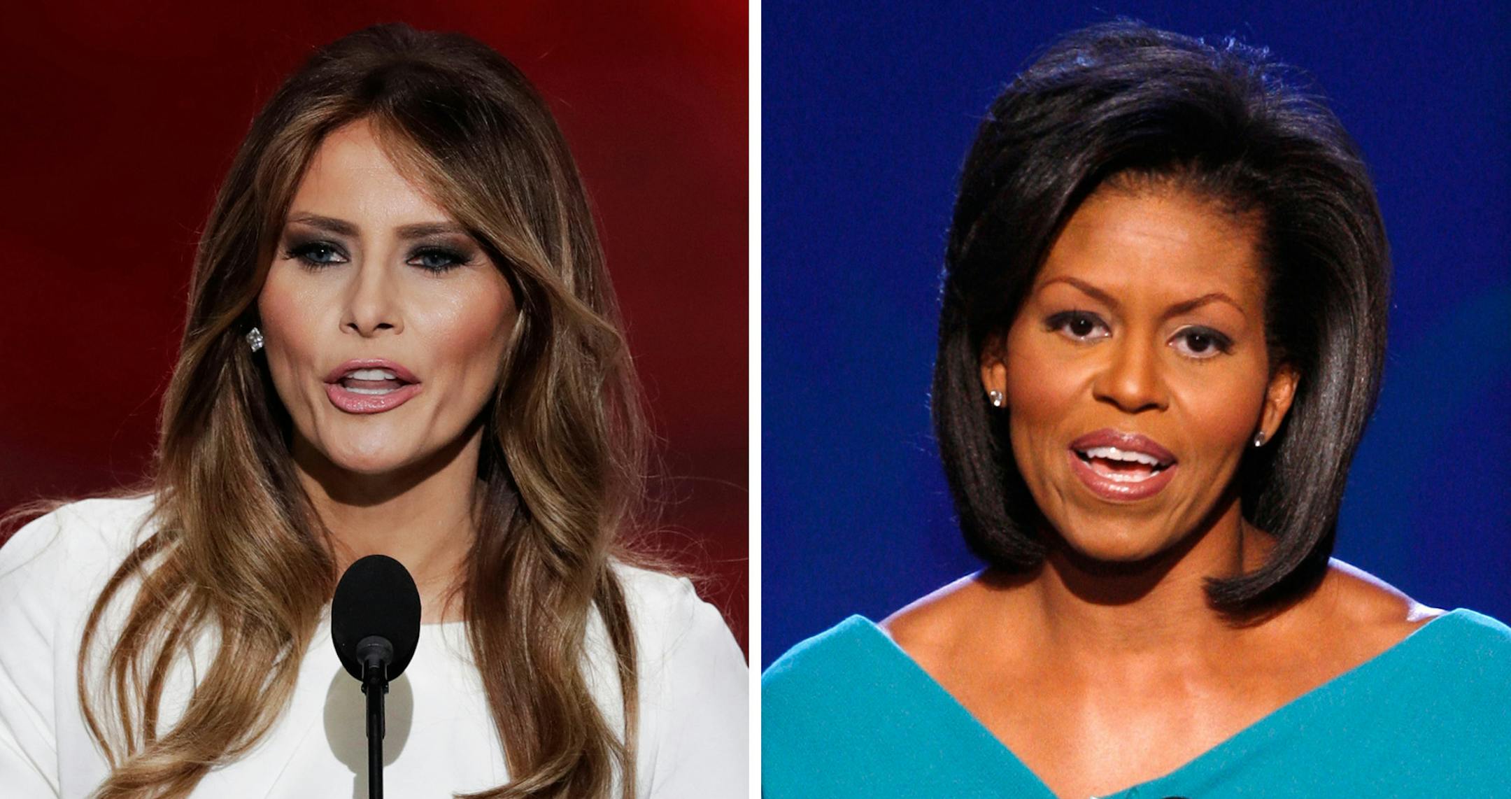 In this combination of photos, Melania Trump, left, wife of Republican Presidential Candidate Donald Trump, speaks during the opening day of the Republican National Convention in Cleveland, Monday, July 18, 2016, and Michelle Obama, wife of Democratic presidential candidate, Sen. Barack Obama, D-Ill., speaks at the Democratic National Convention in Denver, Monday, Aug. 25, 2008. Melania Trump's well-received speech Monday to the Republican National Convention contained passages that match nearly