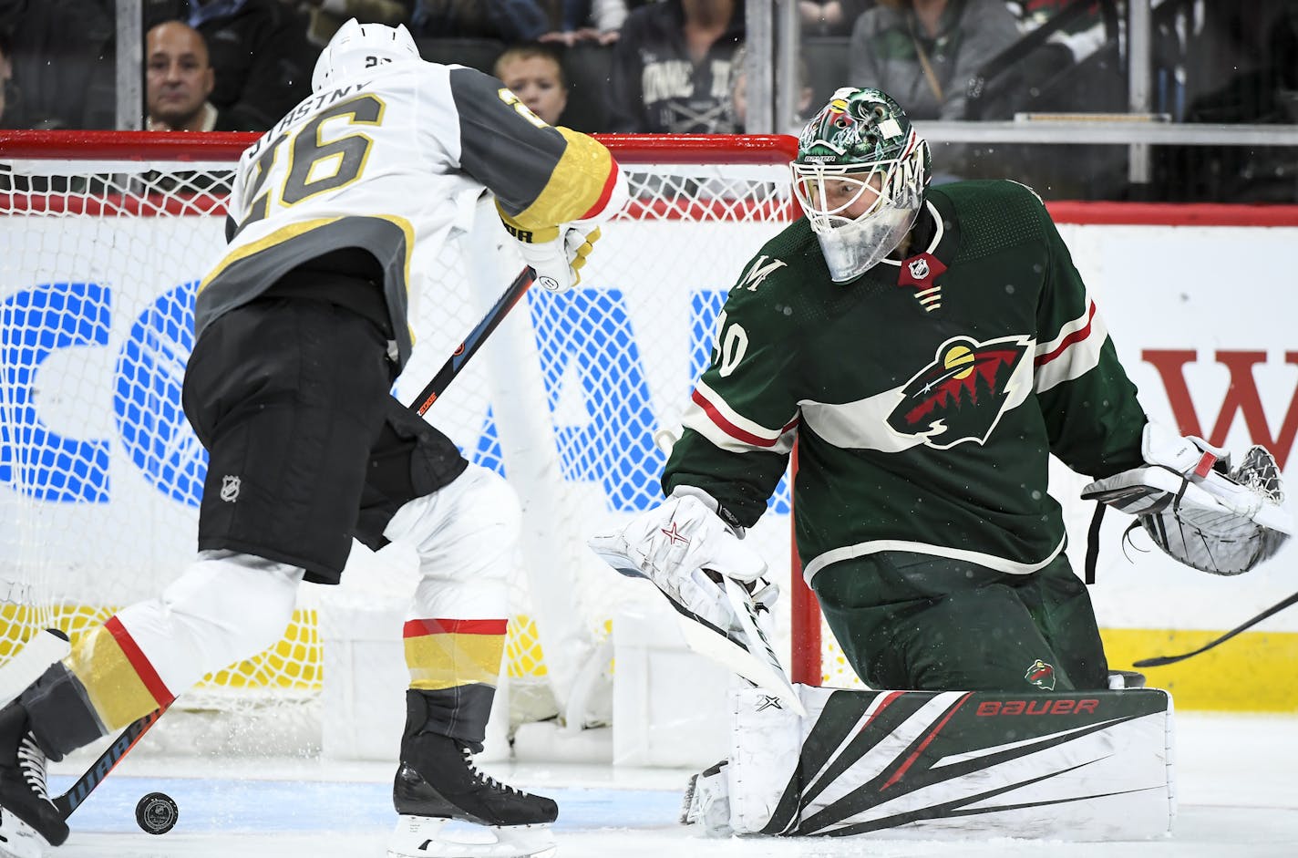 The Vegas Golden Knights' Paul Stastny (26) is unable to score against Minnesota Wild goaltender Devan Dubnyk (40) in the second period on Saturday, Oct. 6, 2018, at the Xcel Energy Center in St. Paul, Minn. Vegas won, 2-1, in a shootout. (Aaron Lavinsky/Minneapolis Star Tribune/TNS) ORG XMIT: 1242099