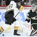 The Vegas Golden Knights' Paul Stastny (26) is unable to score against Minnesota Wild goaltender Devan Dubnyk (40) in the second period on Saturday, O