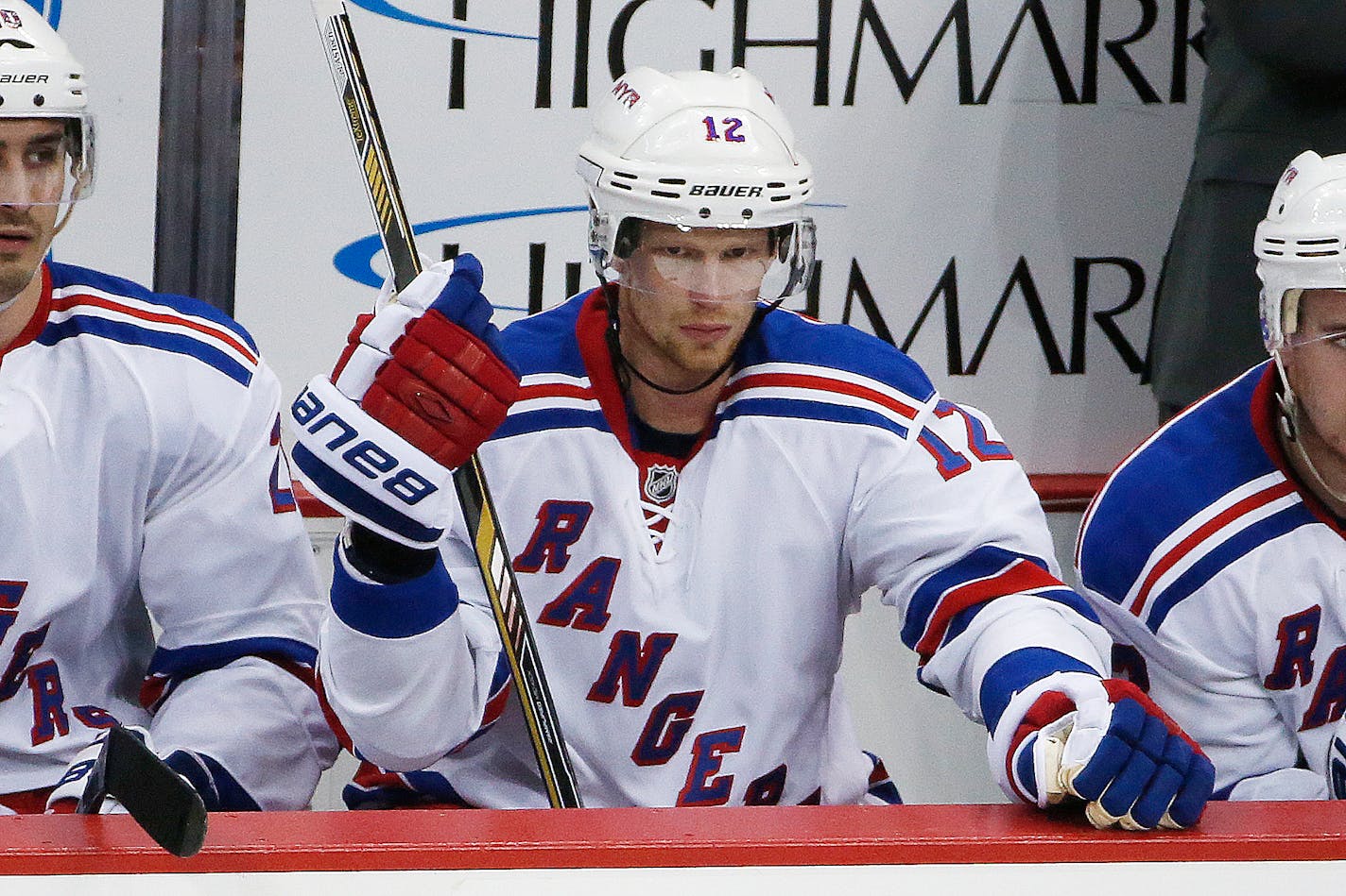 New York Rangers center Eric Staal (12) sits on the bench during an NHL hockey game against the Pittsburgh Penguins in Pittsburgh, Thursday, March 3, 2016. (AP Photo/Gene J. Puskar)