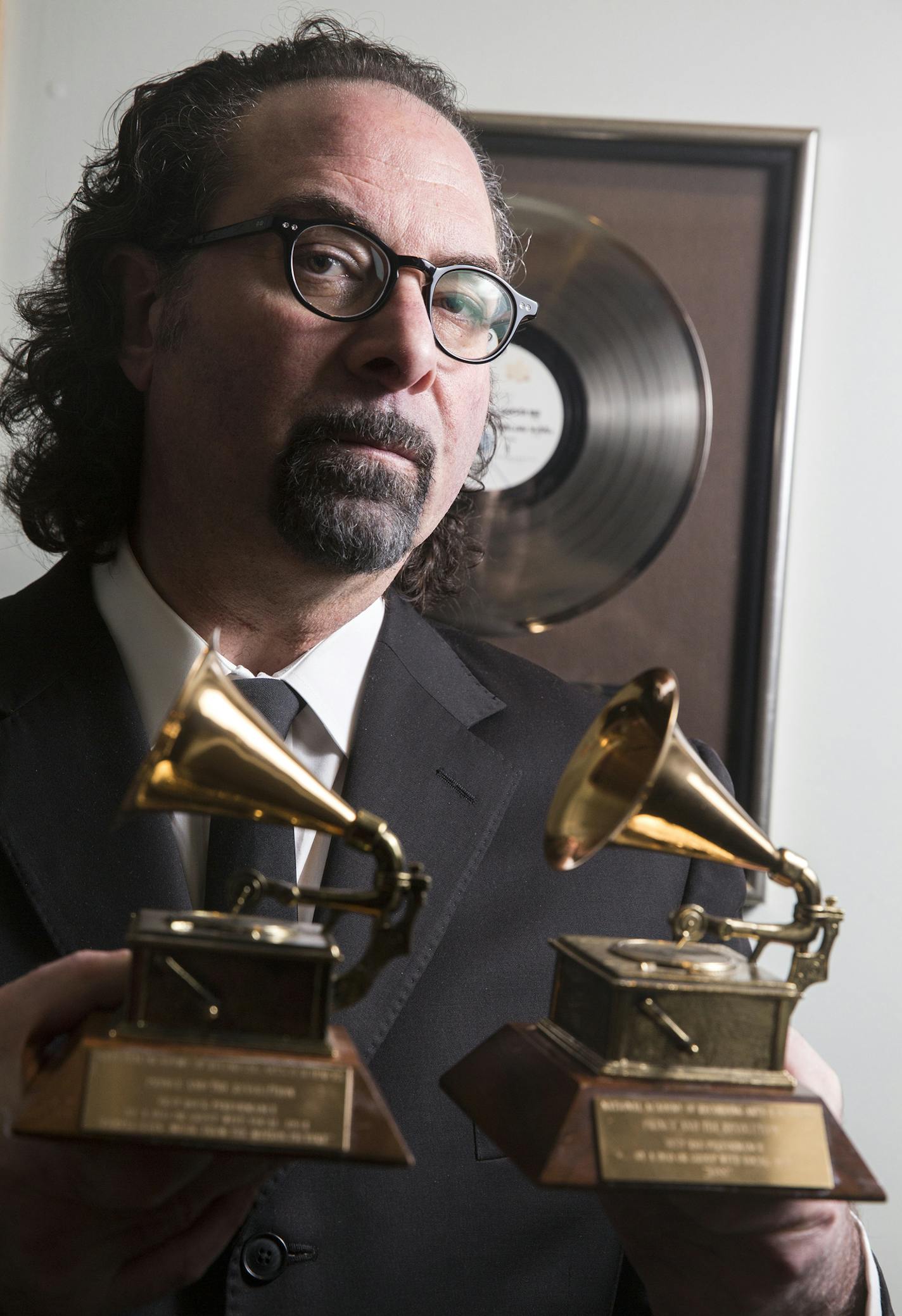 Bobby Z ( Rivkin) poses with his two Grammy awards at Winterland studios in New Hope on Wednesday, February 10, 2016. ] (Leila Navidi/Star Tribune) leila.navidi@startribune.com