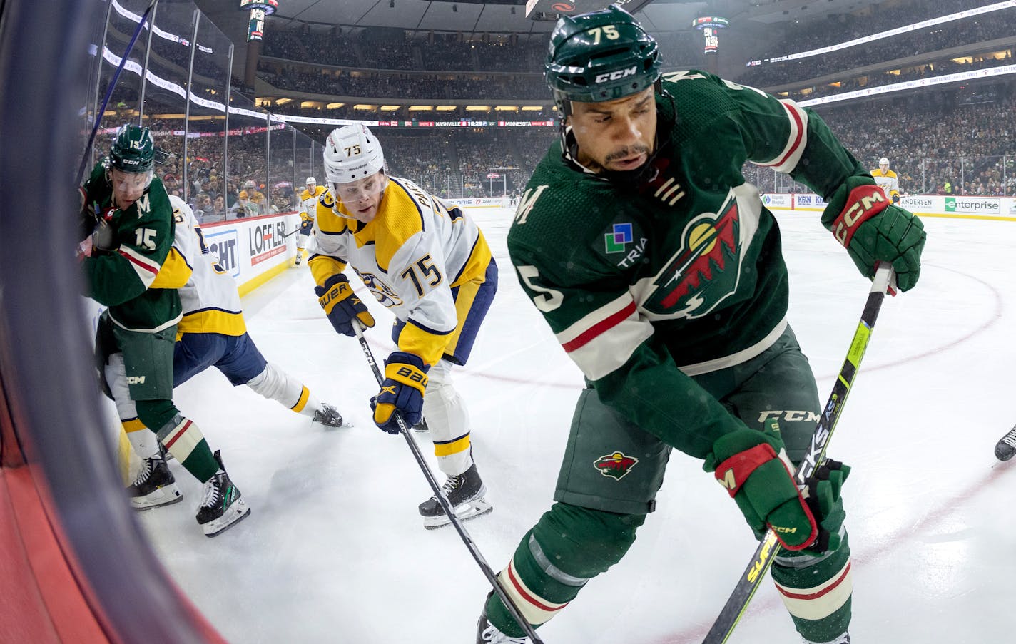 Ryan Reaves (75) of the Minnesota Wild Sunday, February 19, 2022, at Xcel Energy Center in St. Paul, Minn. ] CARLOS GONZALEZ • carlos.gonzalez@startribune.com.