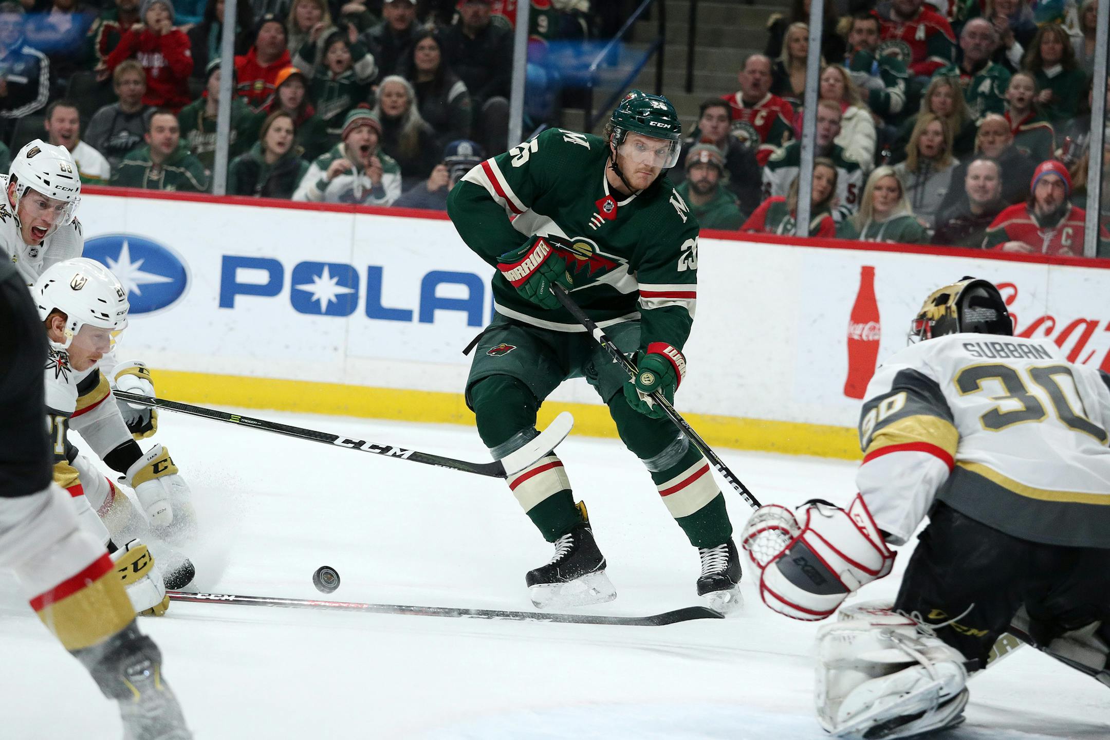 Minnesota Wild defenseman Jonas Brodin (25) looked to take a shot on Vegas Golden Knights goaltender Malcolm Subban (30) from a cross as Vegas Golden Knights defenseman Nate Schmidt (88) and Vegas Golden Knights center Cody Eakin (21) raced to defend in the first period. ] ANTHONY SOUFFLE ï anthony.souffle@startribune.com The Minnesota Wild played the Vegas Golden Knights in an NHL game Friday, Feb. 2, 2018 at the Xcel Energy Center in St. Paul, Minn.