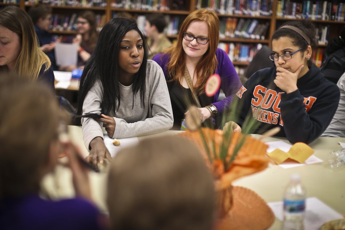 Brew Parson, Grace Palmer and Amirah Ellison had a discussion about racial stereotypes during a START meeting on Wednesday, February 20, 2013, at Minneapolis South High School in Minneapolis, Minn. ] (RENEE JONES SCHNEIDER * reneejones@startribune.com)