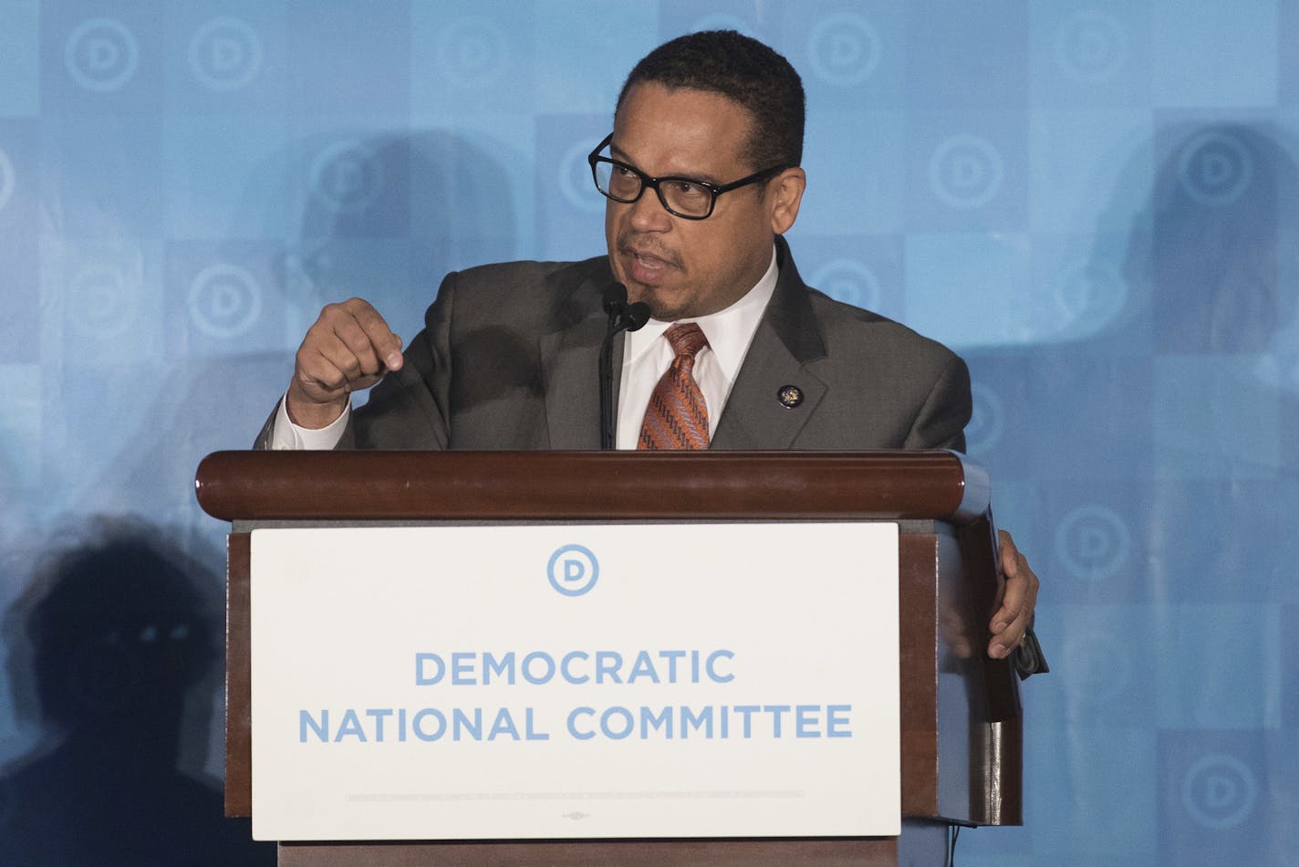 Rep. Keith Ellison, D-Minn, who is a candidate to run the Democratic National Committee, speaks during the general session of the DNC winter meeting in Atlanta, Saturday, Feb. 25, 2017. (AP Photo/Branden Camp)