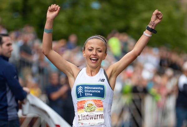 Dakotah Lindwurm of St. Francis was the first woman to cross the finish line in Grandma's Marathon in 2021.