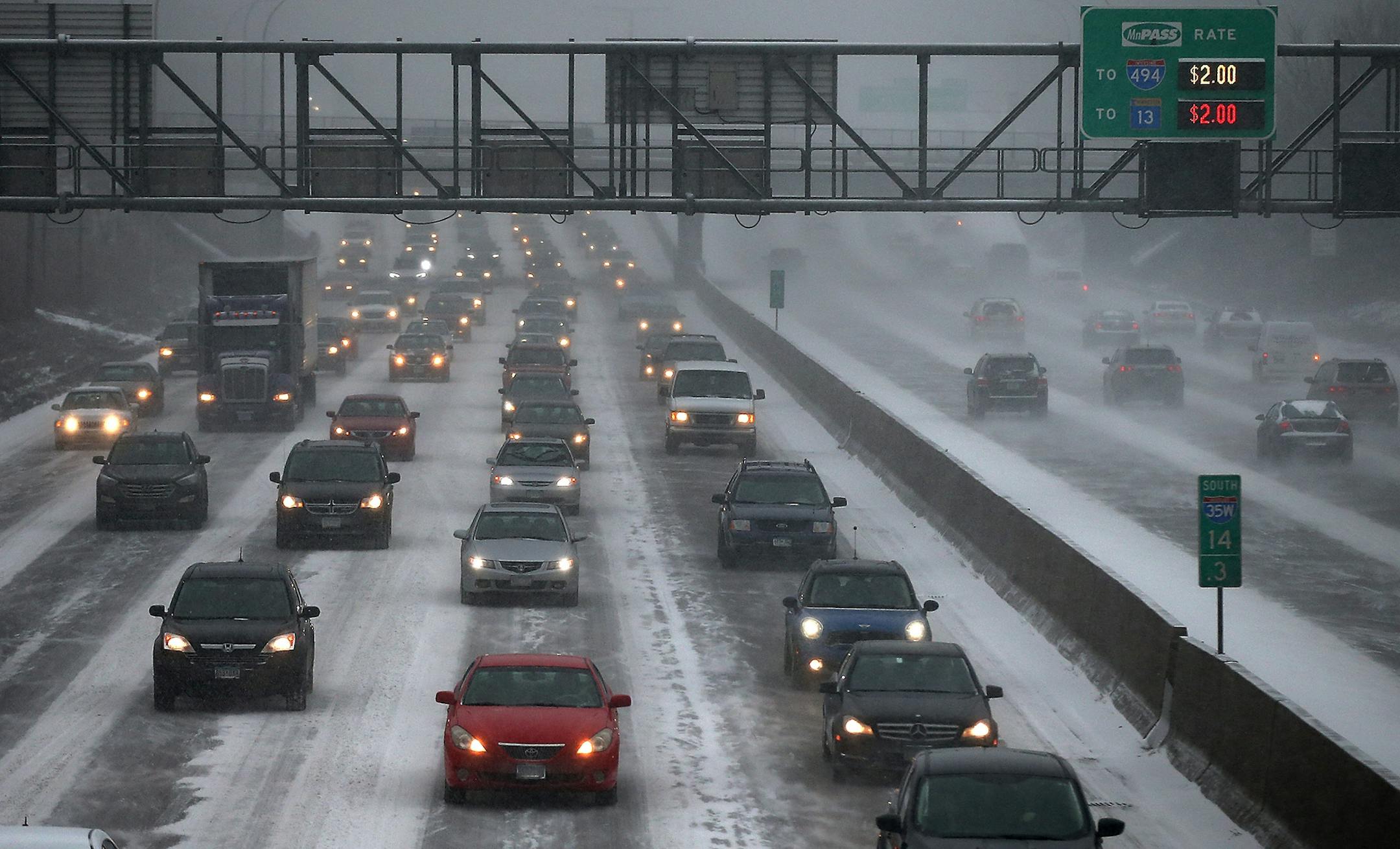Traffic slowed on 35W northbound, as a snow storm made its way through the Twin Cities, Tuesday, March 3, 2015 in Minneapolis, MN.