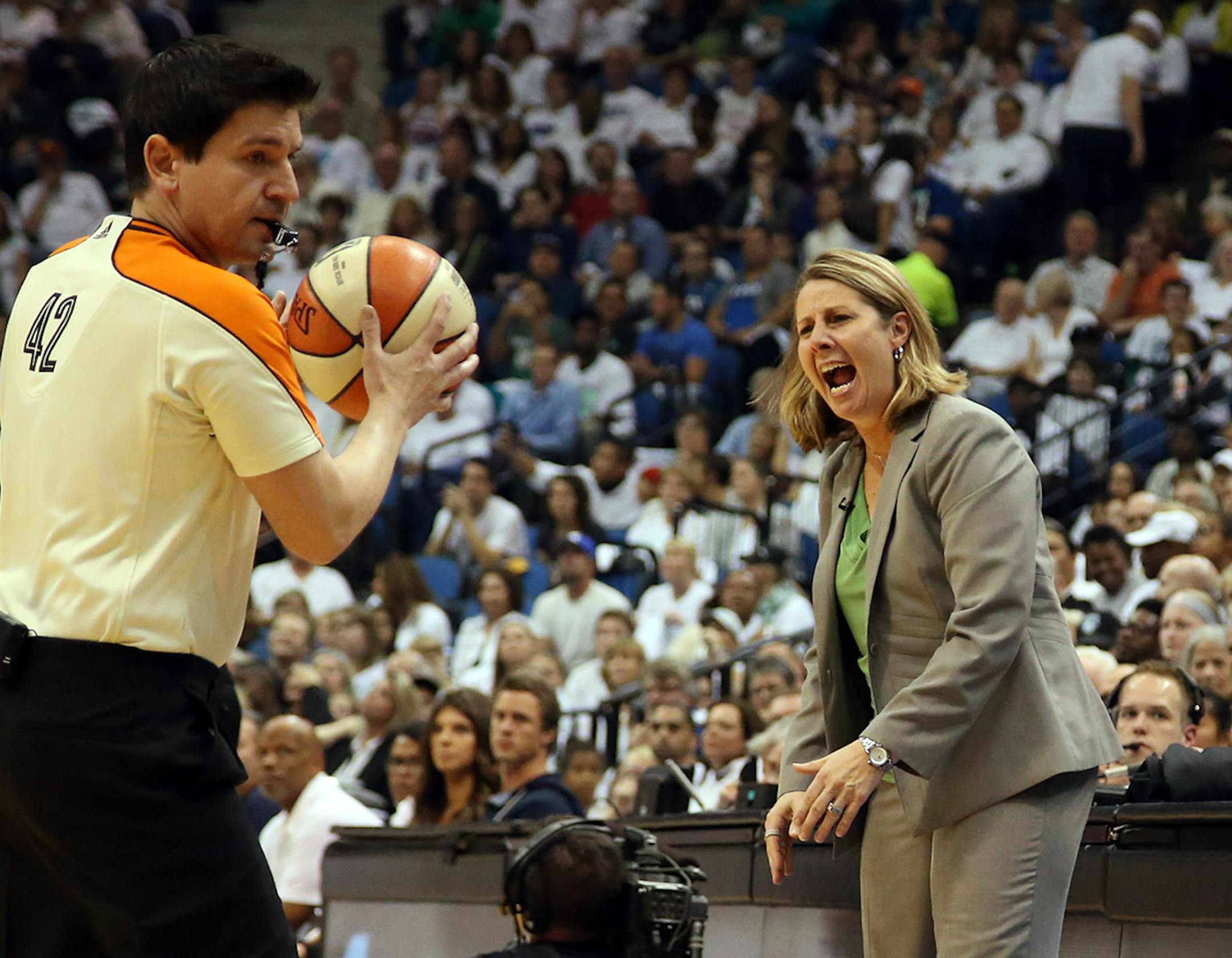 Minnesota Lynx head coach Cheryl Reeve yells during the first half.