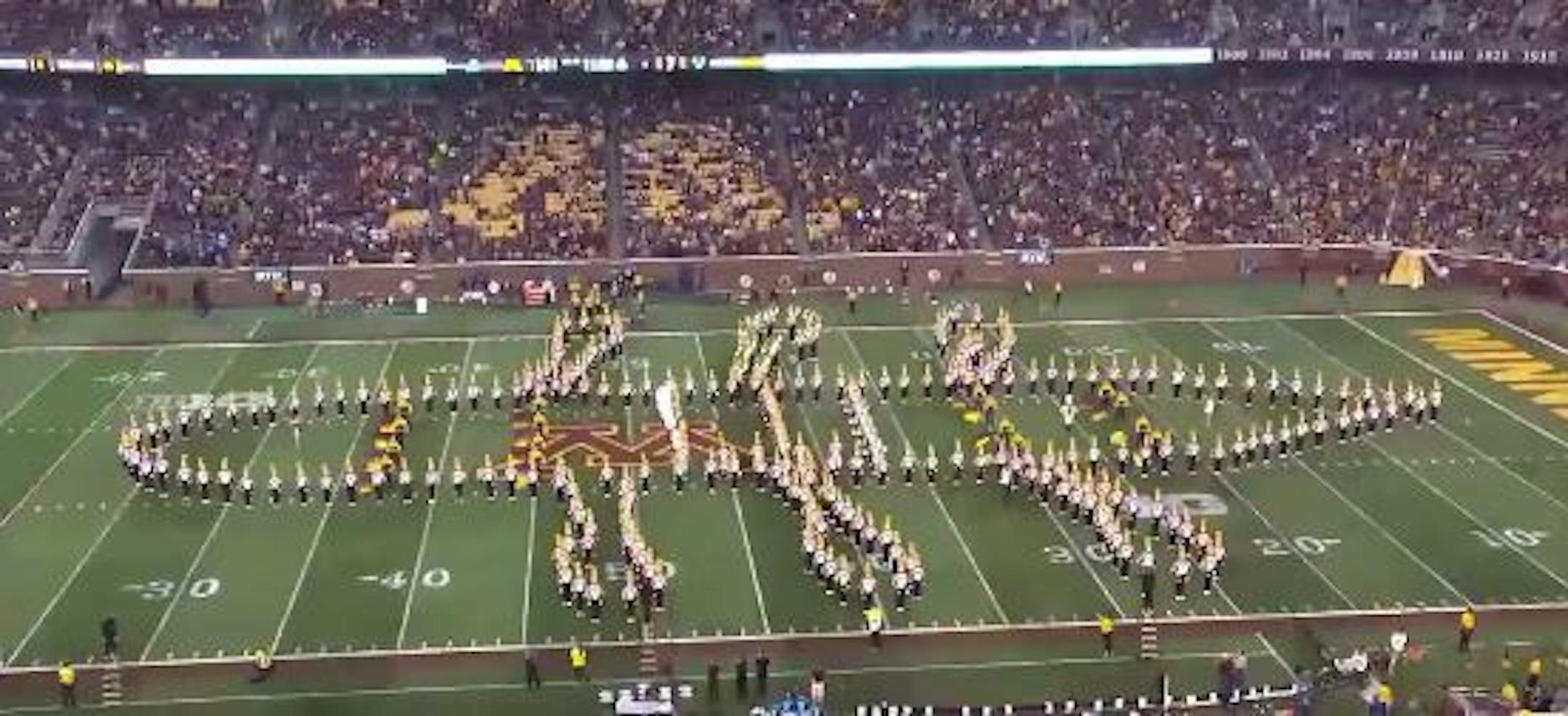 Screen grab from BTN Minnesota's video showcasing the U marching band's "row the boat" performance.