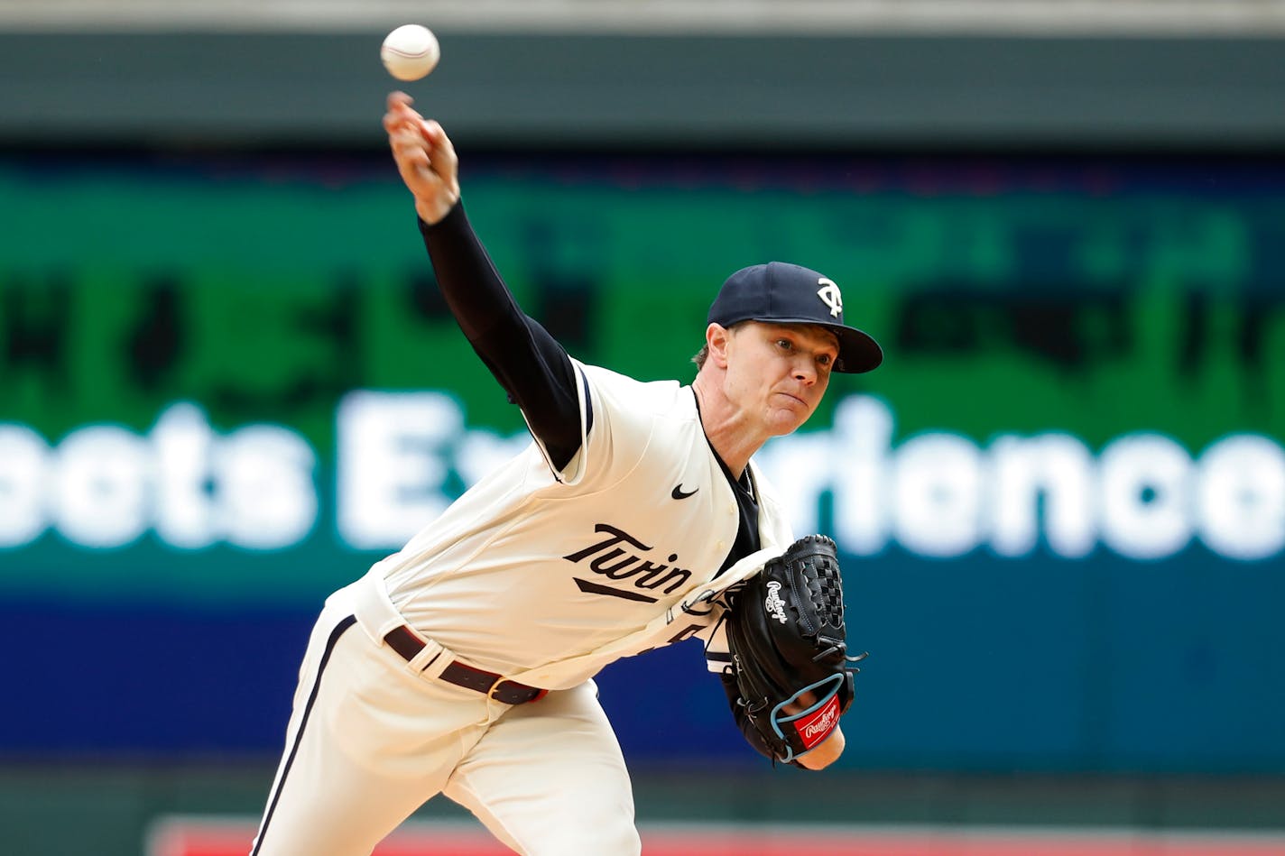 Minnesota Twins starting pitcher Sonny Gray throws to the Kansas City Royals in the first inning of a baseball game, Sunday, April 30, 2023, in Minneapolis. (AP Photo/Bruce Kluckhohn)