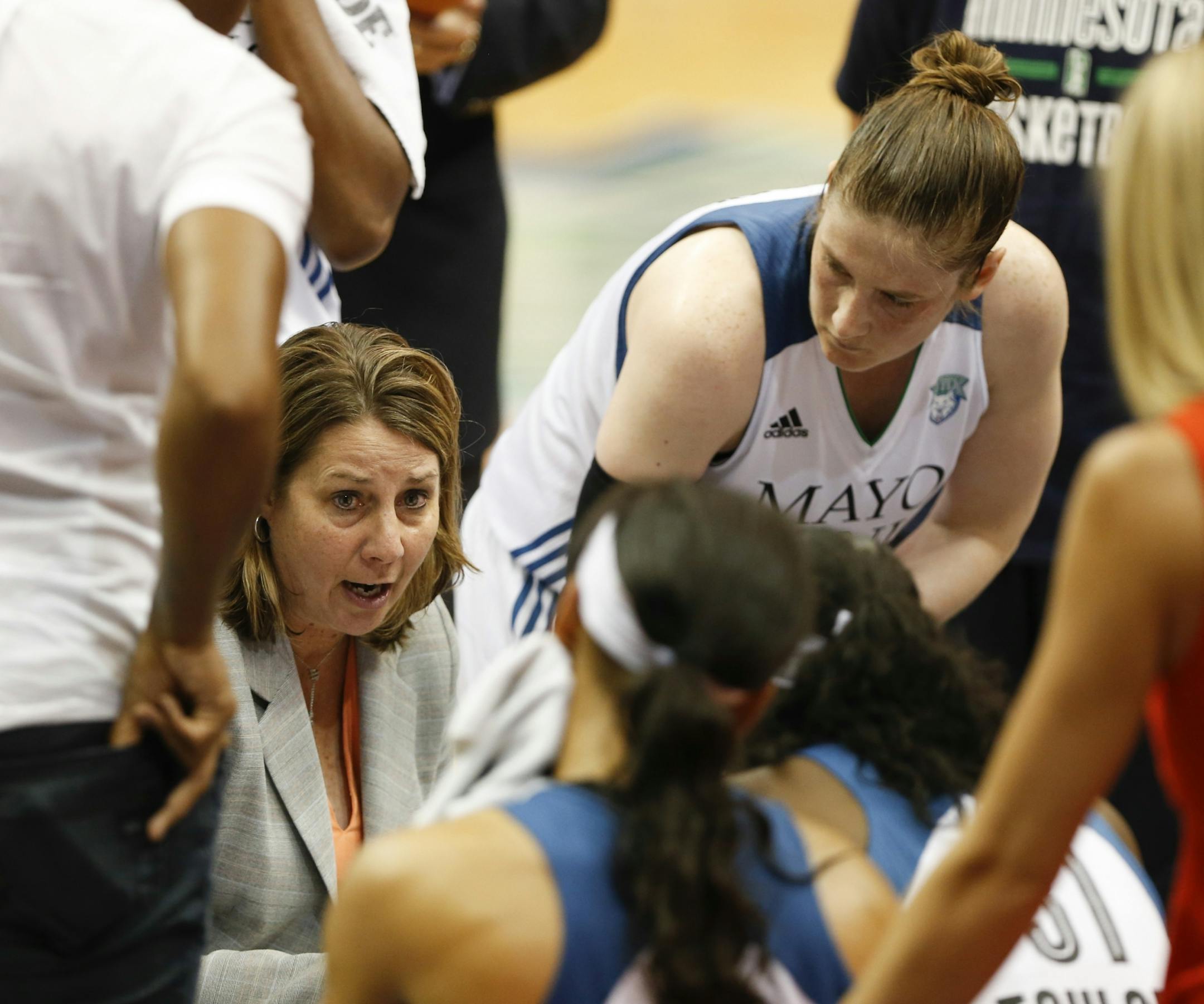 Lynx head coach Cheryl Reeve talked to her team during a fourth quarter timeout Sunday evening.
