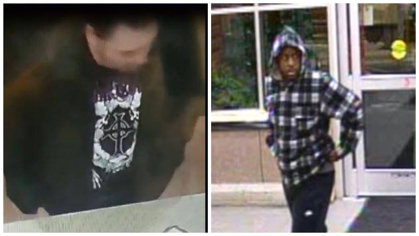 Police are seeking two men in Salvation Army kettle thefts. The man on the left is wanted in a theft in Maplewood. The one on the right in Rogers and Brooklyn Park.