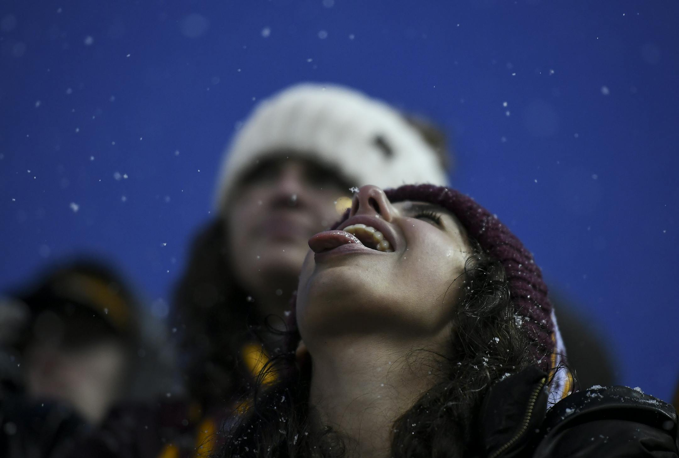 Emma Gerges caught snow flakes on her tongue in the second half. ] Aaron Lavinsky &#x2022; aaron.lavinsky@startribune.com The Minnesota Gophers played the Wisconsin Badgers on Saturday, Nov. 30, 2019 at TCF Bank Stadium in Minneapolis, Minn.