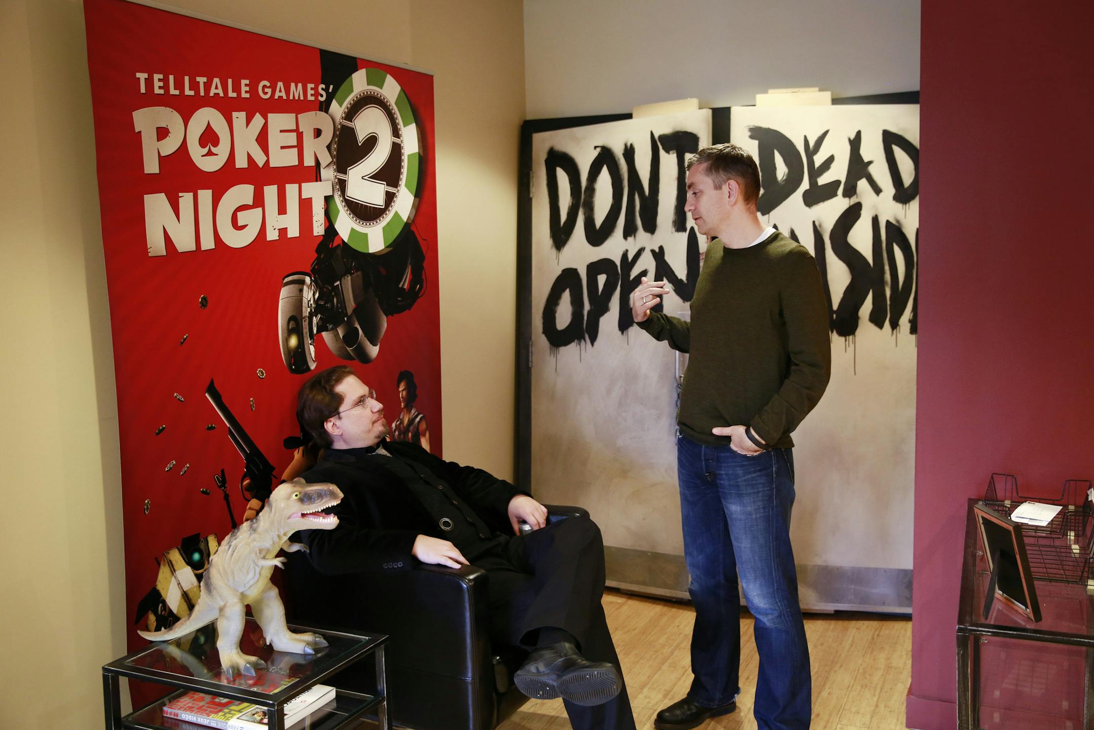 Stephan Bugaj, left, and Colum Slevin at the offices of Telltale Games, an independent video game studio, in San Rafael, Calif., March 27, 2014. The company, which has developed an intense following by prizing nuance and narrative, is now working on a video game version of the popular fantasy series "Game of Thrones." (Ramin Rahimian/The New York Times)