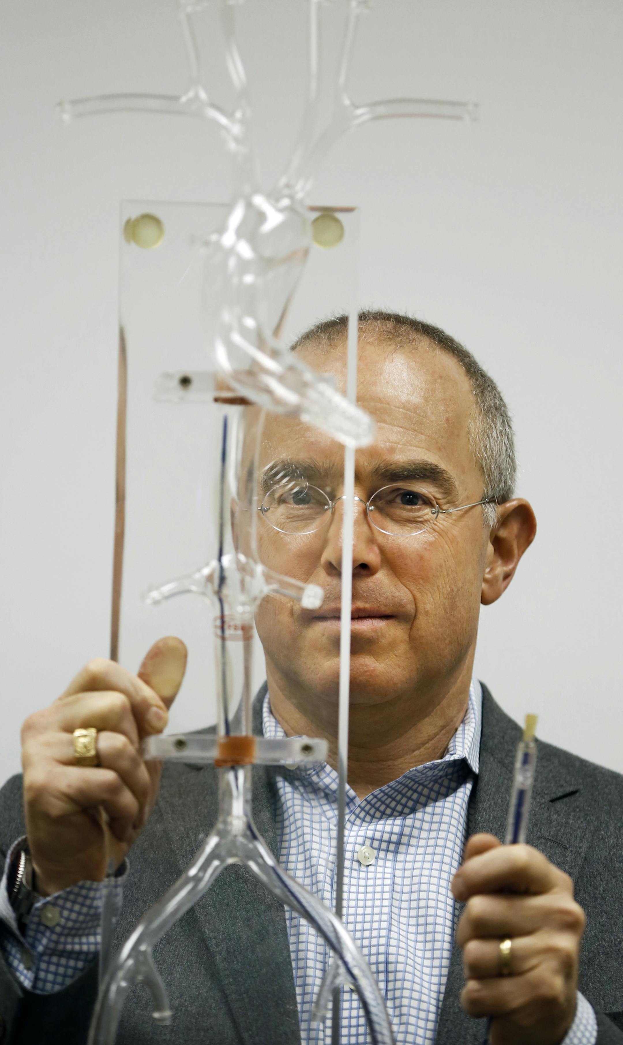 CoAxia CEO Andy Weiss showed off the firm’s catheter-based device that helps redirect blood blow from the lower extremities to the head. The company has spent 10 years and $70 million trying to win FDA approval for the device’s use on stroke patients.