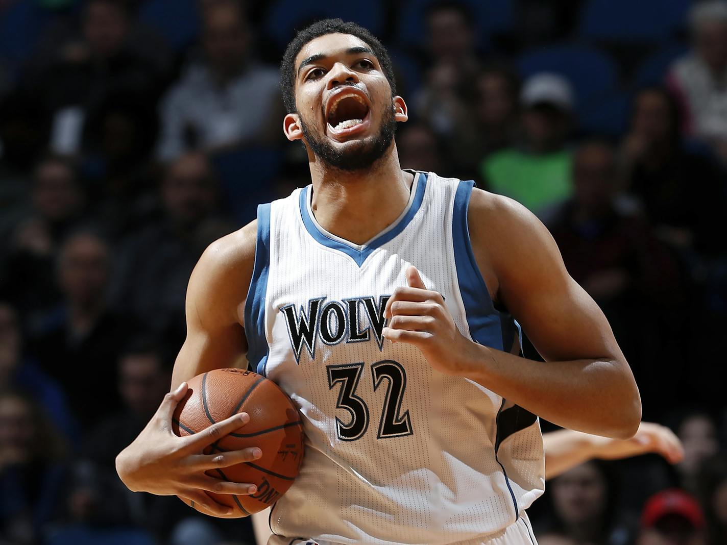 Karl-Anthony Towns (32) reacted after being called for a foul in the first quarter. ] CARLOS GONZALEZ &#xef; cgonzalez@startribune.com - March 30, 2017, Minneapolis, MN, Target Center, NBA Basketball, Minnesota Timberwolves vs. Los Angeles Lakers