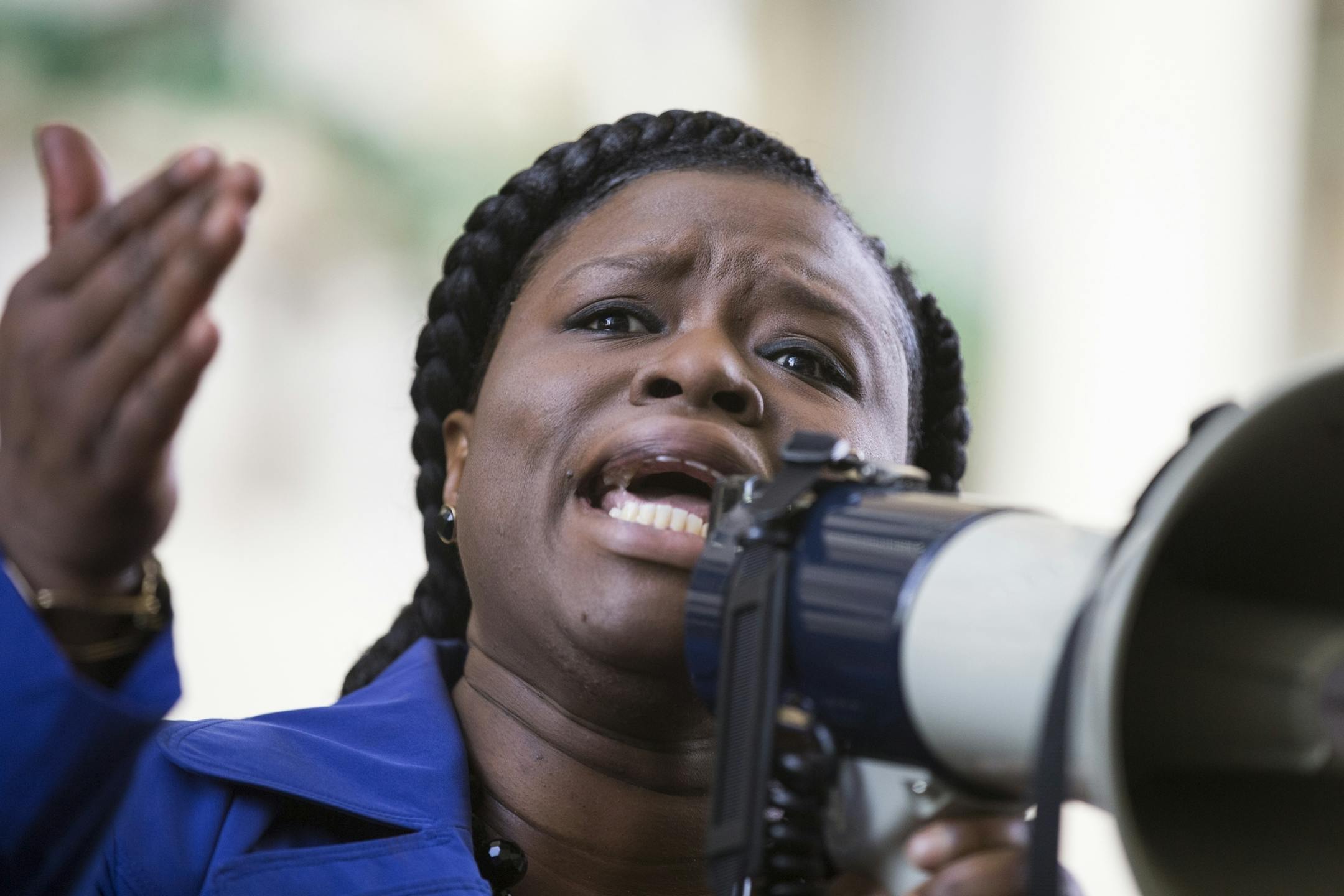 Minneapolis NAACP president Nekima Levy-Pounds speaks during a "Freeman Friday" rally at the Government Center.
