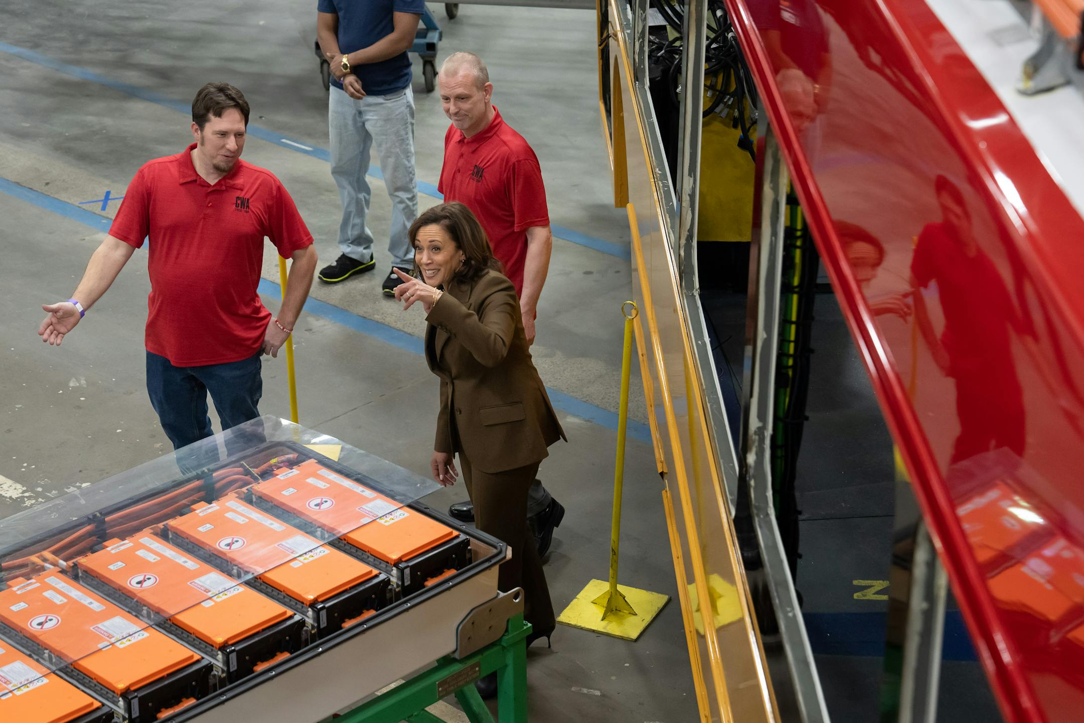 Vice President Kamala Harris tours the final assembly plant for New Flyer electric buses, Thursday, Feb. 9, 2023  St. Cloud, Minn.