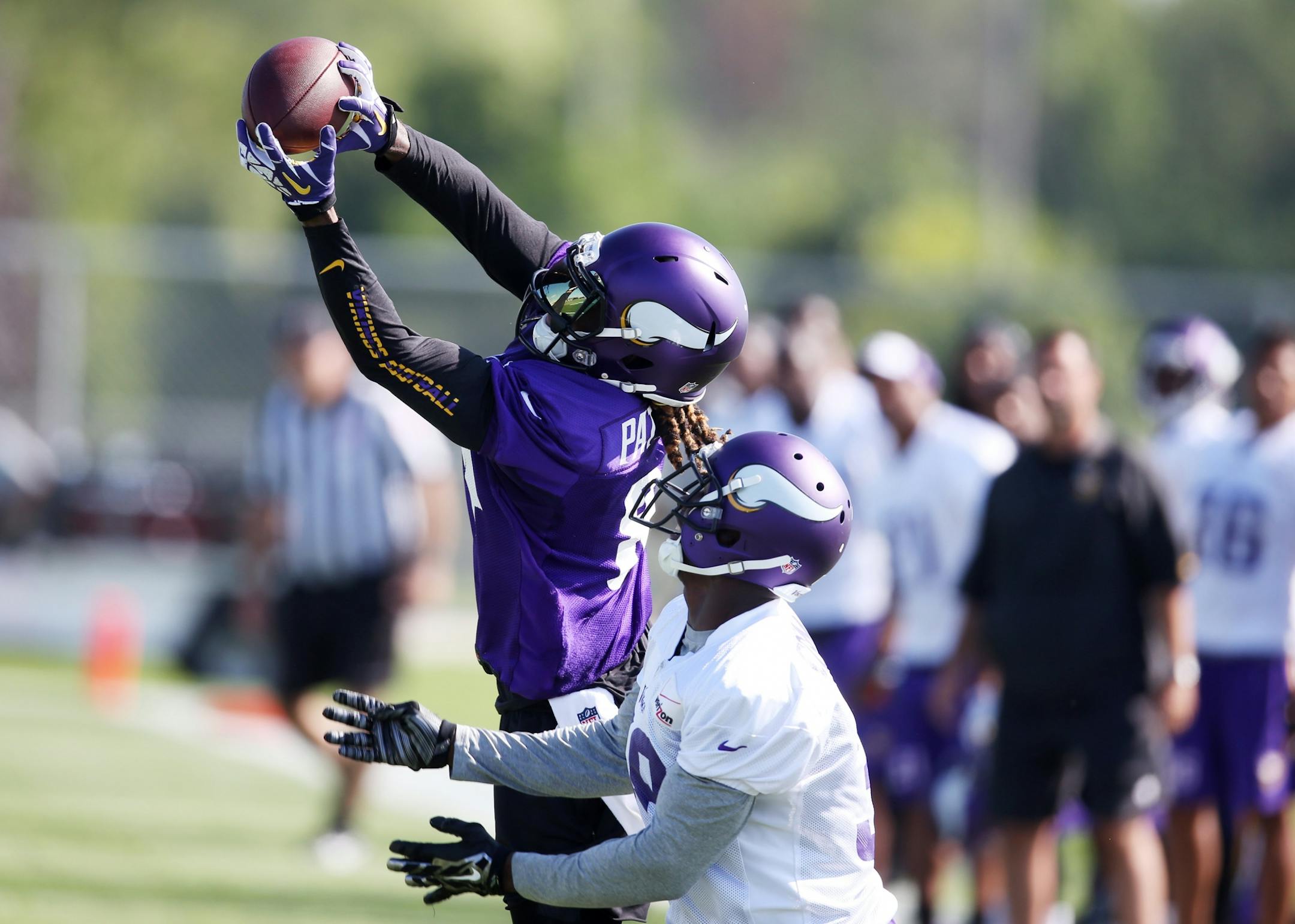 Receiver Cordarrelle Patterson could not make a catch that was thrown high during Vikings training camp at Minnesota State University Monday July 27, 2015 in Mankato, MN.