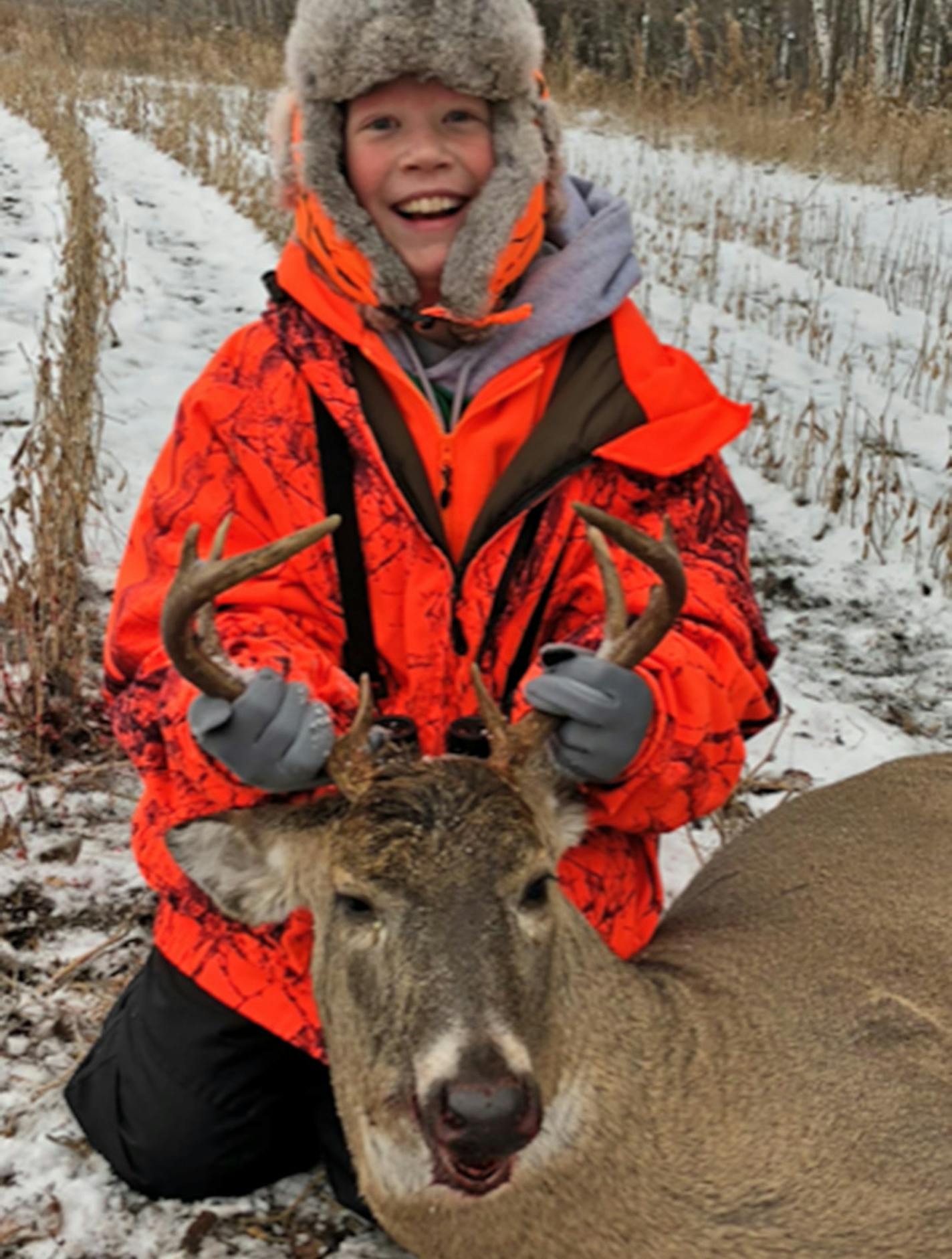 Drake Fritz, 11, of Lakeville, dropped this 10-point buck during his first hunting trip last week near Deer Creek, Minn., with his dad, Rick. &#x201c;Drake was being very patient watching some other deer in the field when this big boy jumped out,&#x2019;&#x2019; Rick said. &#x201c;He was very excited to take his first deer, as you can tell by his smile!&#x2019;&#x2019; ORG XMIT: MIN1811201343468869