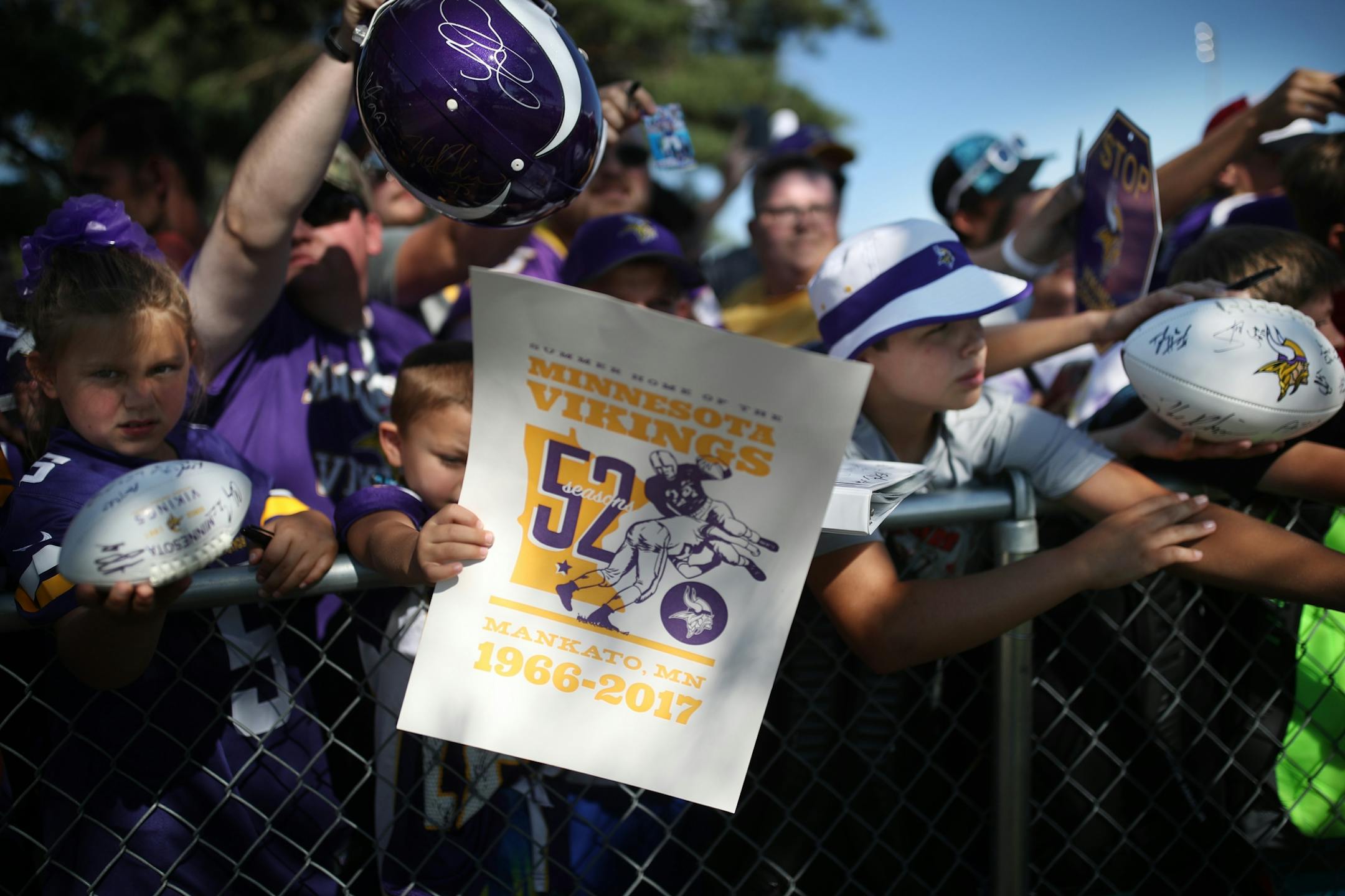 After 52 years this is the Vikings last year and fans tried go get autographs at Minnesota State University Mankato Saturday July 29, 2017 in Mankato , MN.