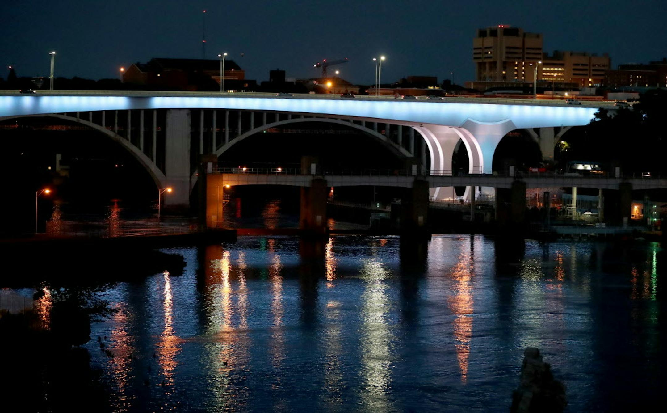 FILE- The I-35W Bridge bathed in blue light Friday, July 1, 2016, in Minneapolis, MN. (DAVID JOLES/STARTRIBUNE)