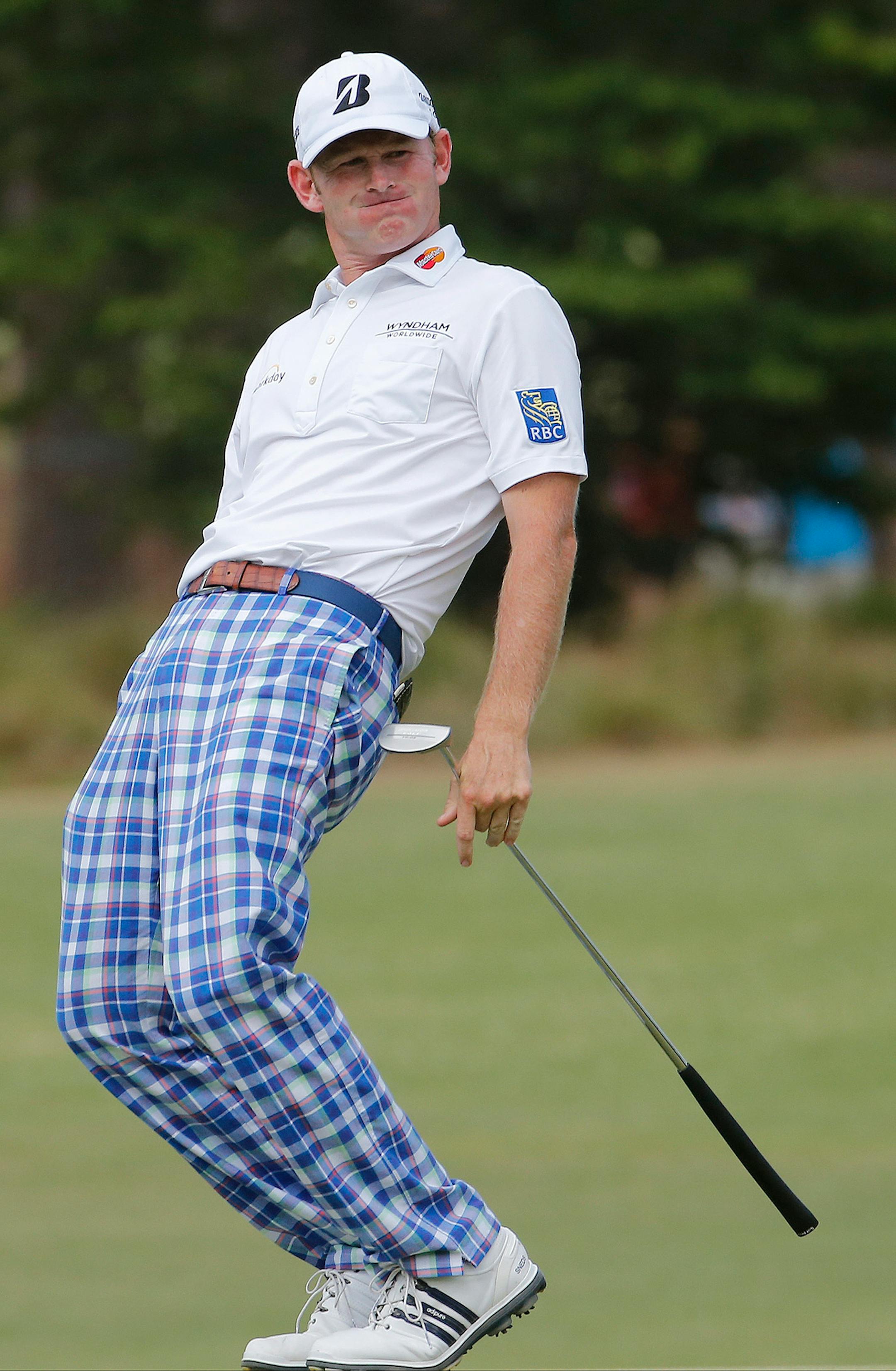 Brandt Snedeker reacts after missing a putt on the sixth green during the third round of the U.S. Open golf tournament in Pinehurst, N.C., Saturday, June 14, 2014.