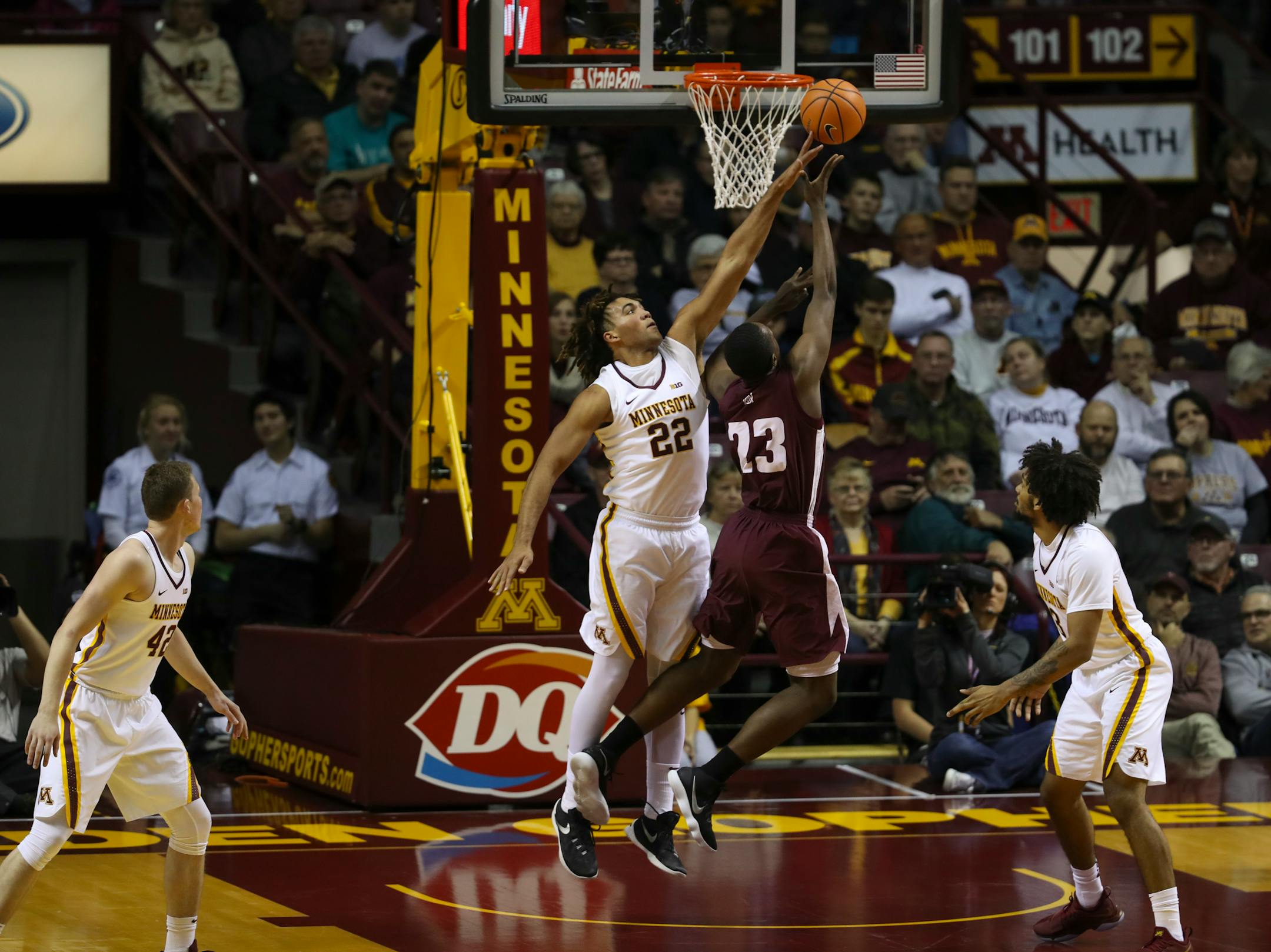Gophers center Reggie Lynch defended against Alabama A&M forward Mohamed Sherif as he shot in the first half last week.