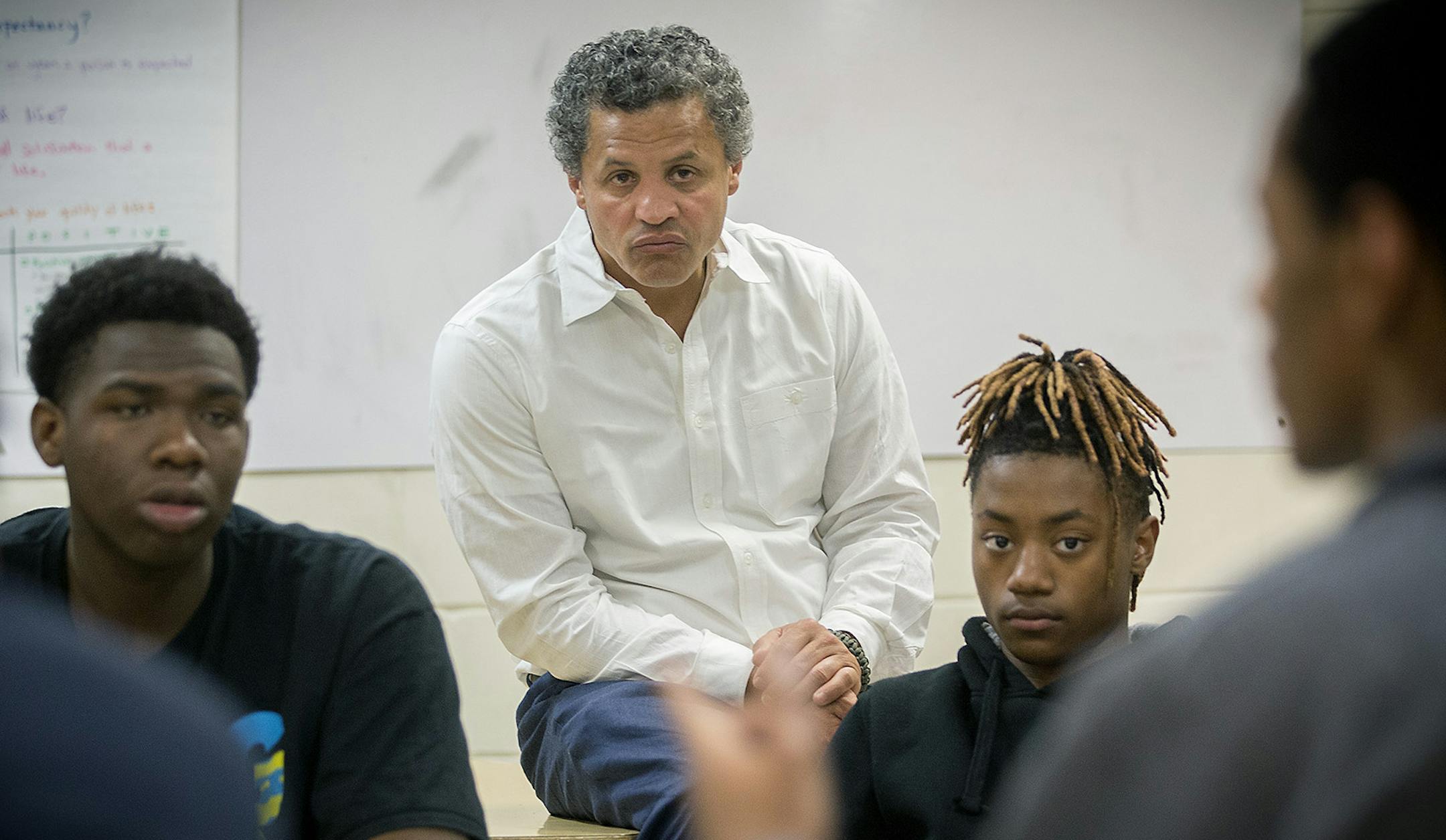 South High Principal Ray Aponte sat in a class and listened to students talk about what it's like to be a young black man in a class, Tuesday, April 19, 2017 in Minneapolis, MN. ] ELIZABETH FLORES ï liz.flores@startribune.com