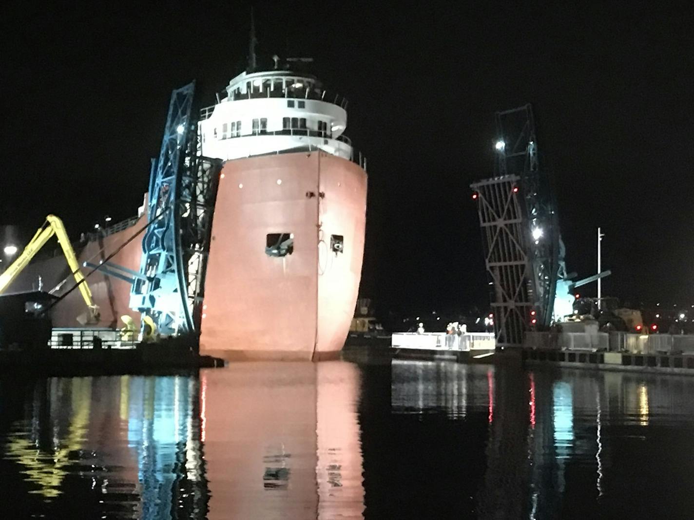 Photo by Pam Louwagie: The William Irvin museum ship was carefully moved into its slip at the Duluth Harbor late Wednesday.