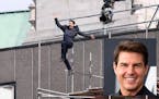 Tom Cruise, also shown at a media event in the inset, attempts a stunt in which he injured his leg during the filming of "Mission: Impossible 6."