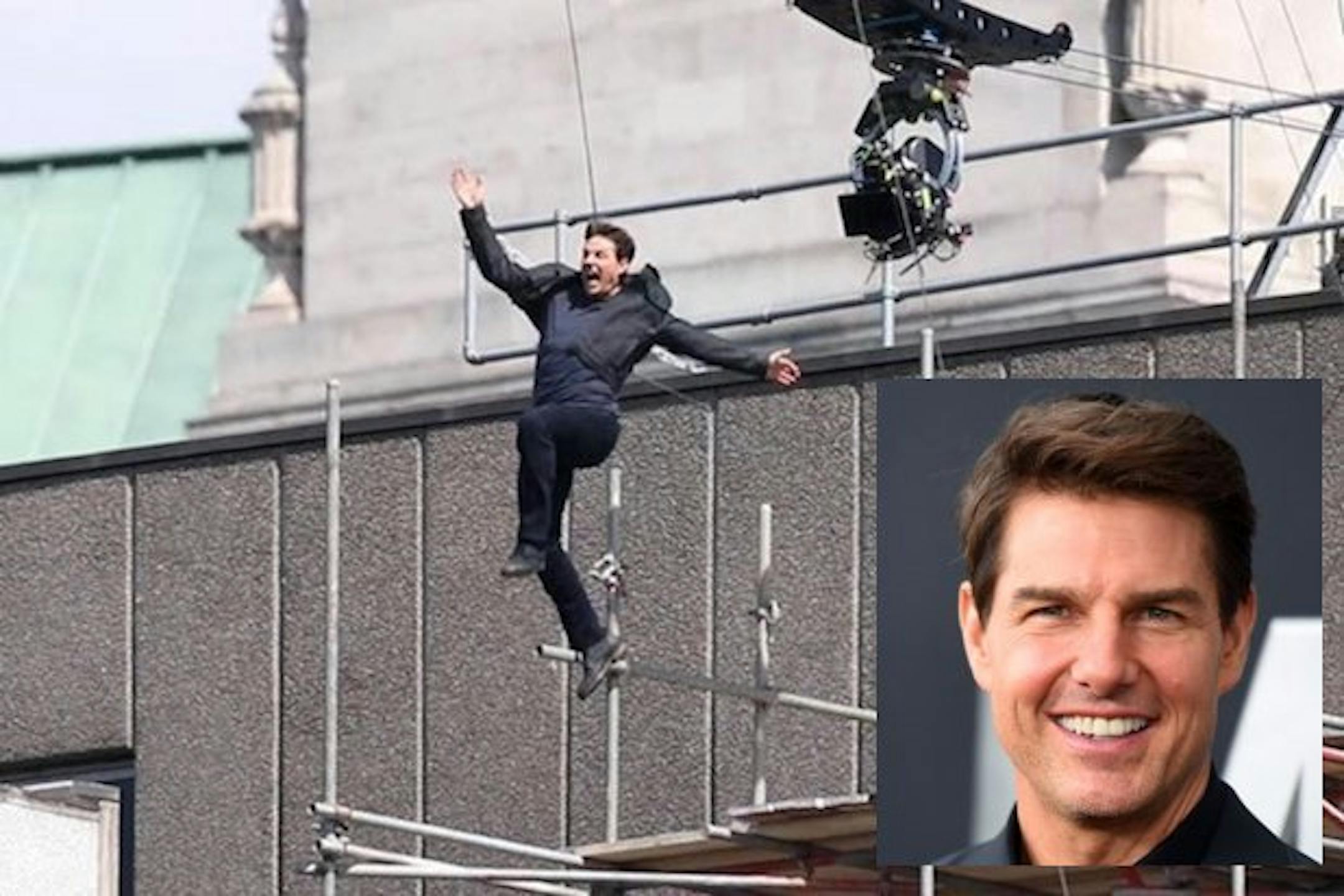 Tom Cruise, also shown at a media event in the inset, attempts a stunt in which he injured his leg during the filming of "Mission: Impossible 6."
