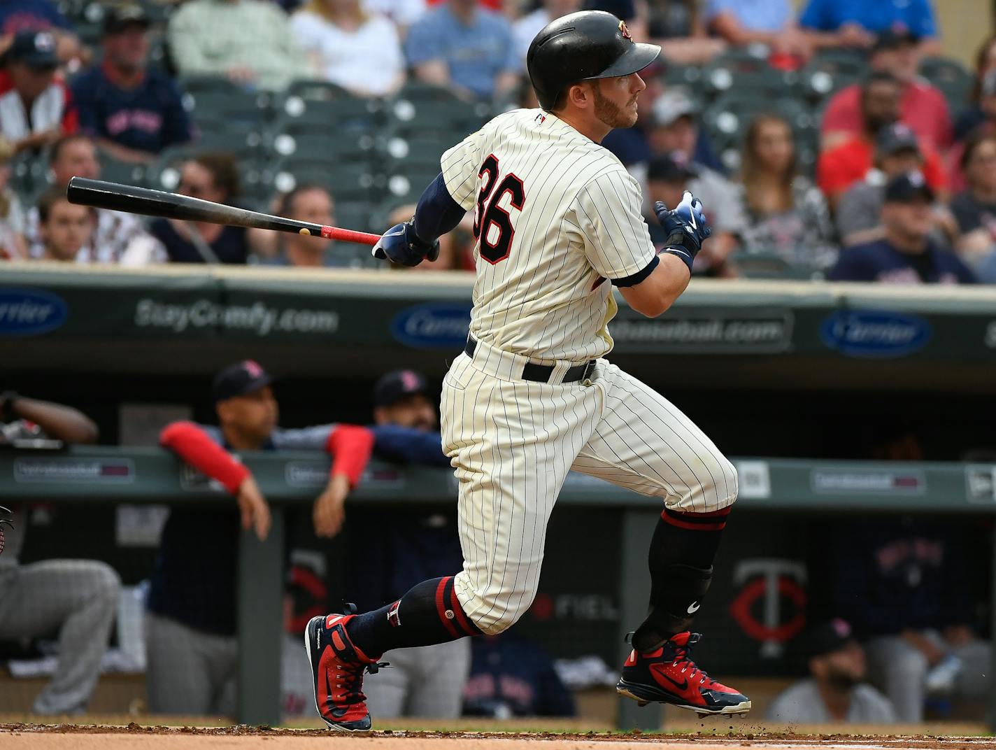 Minnesota Twins designated hitter Robbie Grossman (36) followed through with his swing after hitting a lead off home run in the bottom of the first inning off a pitch by Boston Red Sox starting pitcher David Price (24). ] AARON LAVINSKY &#xef; aaron.lavinsky@startribune.com The Minnesota Twins played the Boston Red Sox on Wednesday, June 20, 2018 at Target Field in Minneapolis, Minn.