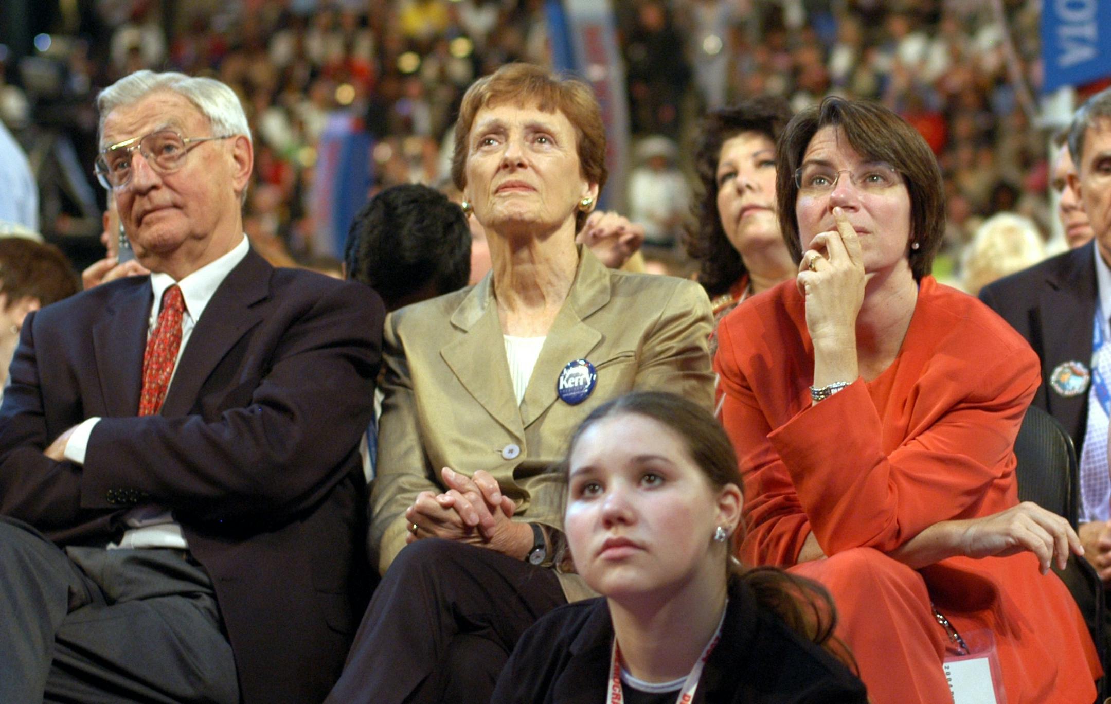 Boston,MA Monday 7/27/2004 Democratic National Convention at the FleetCenter Richard Sennott/ Star tribune L to R Walter and Joan Mondale with Amy Klobuchar on the floor of the DNC listening to Al Gore speak