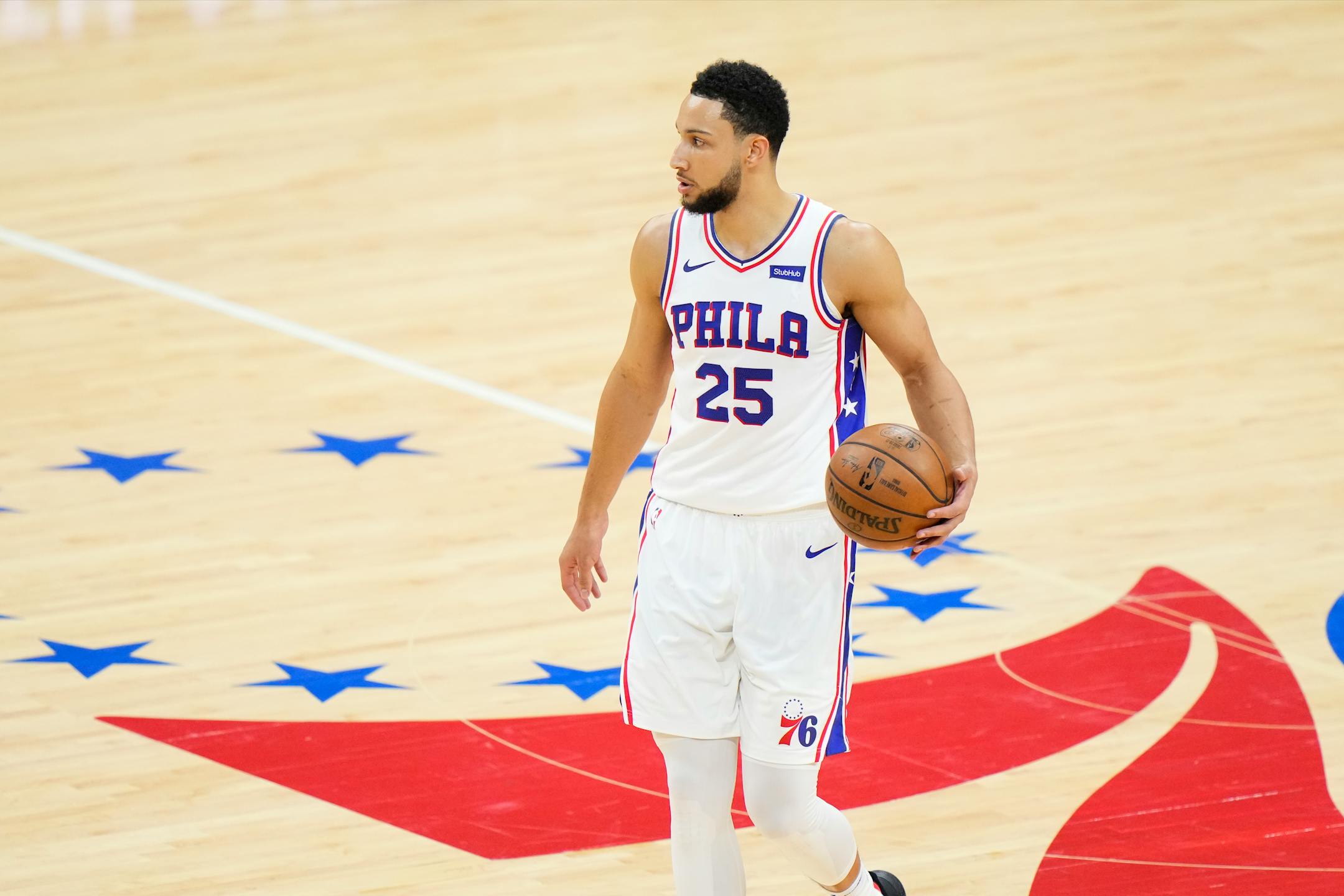 Philadelphia 76ers' Ben Simmons plays during Game 7 in a second-round NBA basketball playoff series against the Atlanta Hawks.