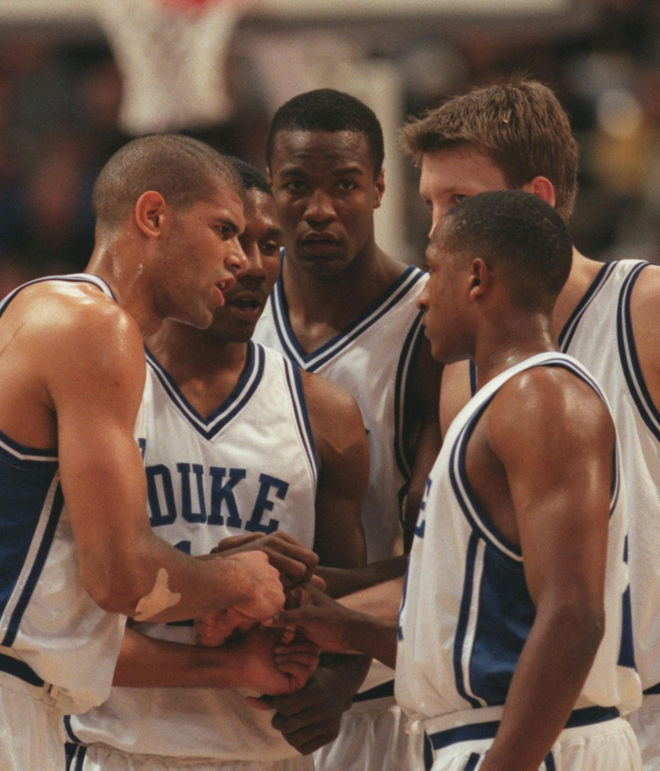 April, 2001: Duke's Shane Battier, Nate James, Casey Sanders, Mike Dunleavy and Chris Duhon during the championship game of the Final Four. (Jeff Wheeler/Star Tribune)