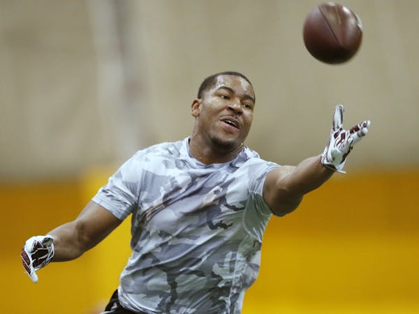Former Gophers running back David Cobb ran through drills as NFL scouts looked on during his pro day. He was selected in the 5th round by the Titans.