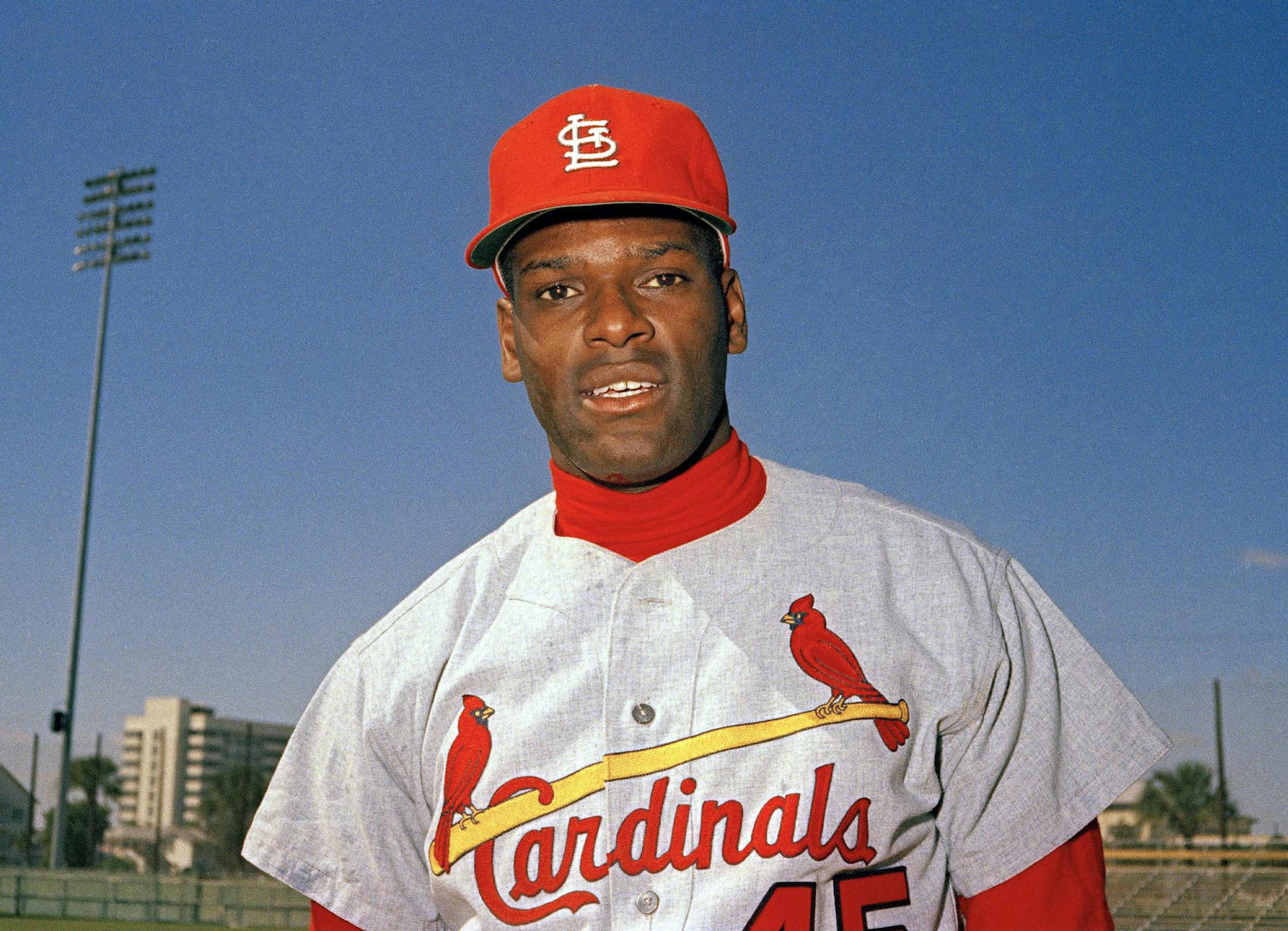 FILE - In this March 1968 file photo, St. Louis Cardinals pitcher Bob Gibson is pictured during baseball spring training in Florida. Gibson is fighting pancreatic cancer. The St. Louis Post-Dispatch said the 83-year-old Hall of Famer was diagnosed with the cancer several weeks ago and revealed the news Saturday, July 13, 2019, to the other living Hall of Famers. (AP Photo, File) ORG XMIT: NY162