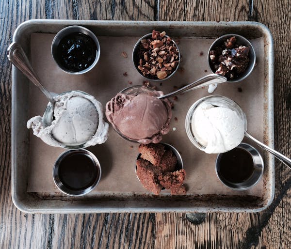 The frozen custard sampler for two at Wise Acre Eatery in Minneapolis. Toppings range from hot fudge to rhubarb-caramel sauce to toasted pecans.